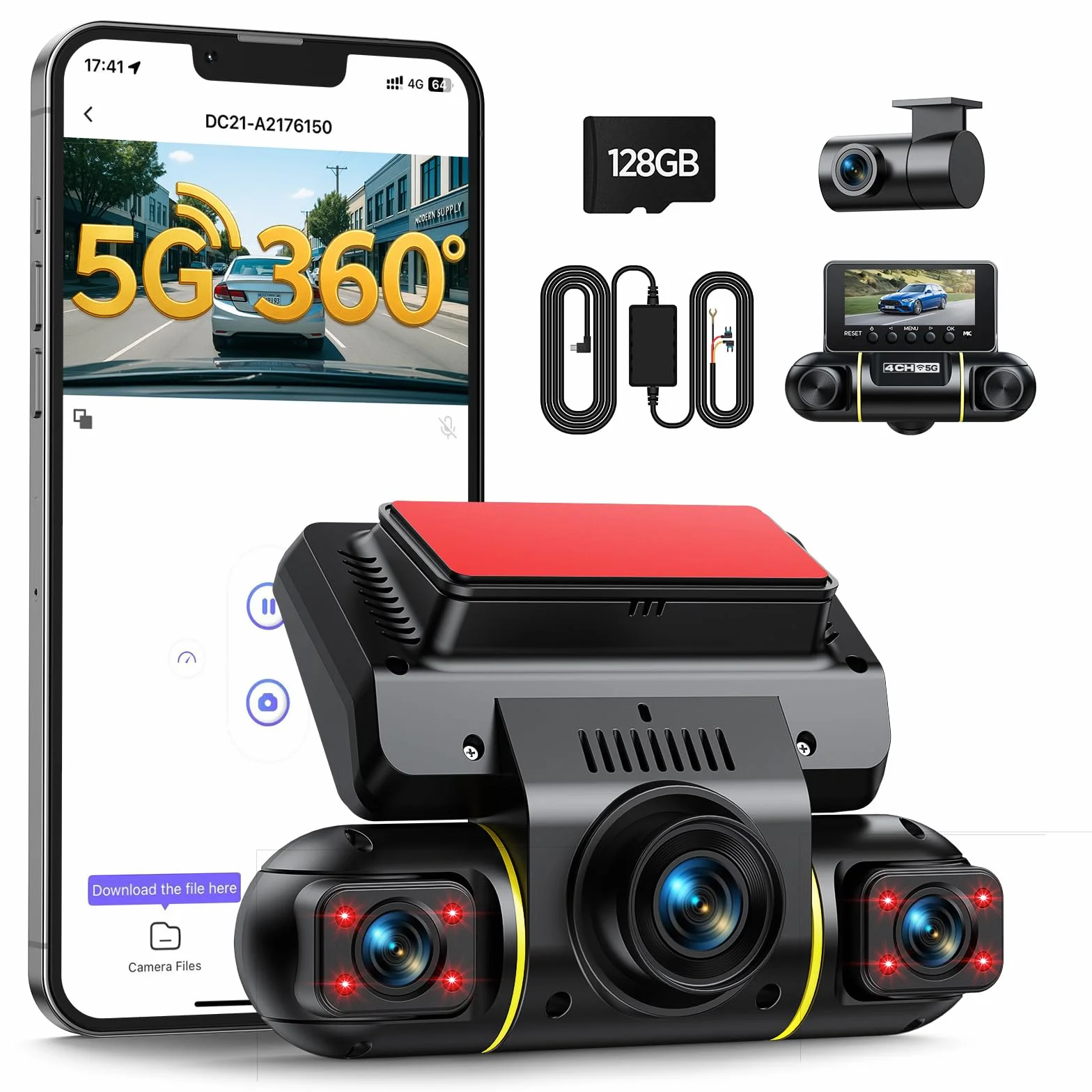 LAMTTO Dash Cam Auto 360 Gradi Dashcam Controllo APP WiFi 5G 4 Canali Telecamera per Auto Monitoraggio del Parcheggio IR Visione Notturna Kit di Cablaggio Scheda 128GB Gratuita
