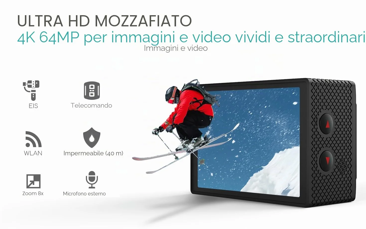 COOAU Action Cam 4K60 fps 64MP WiFi touch screen con microfono esterno, fotocamera subacquea 40 m Type-C EIS stabilizzazione 170° Action Camera 2 x 1350 mAh batterie/accessori