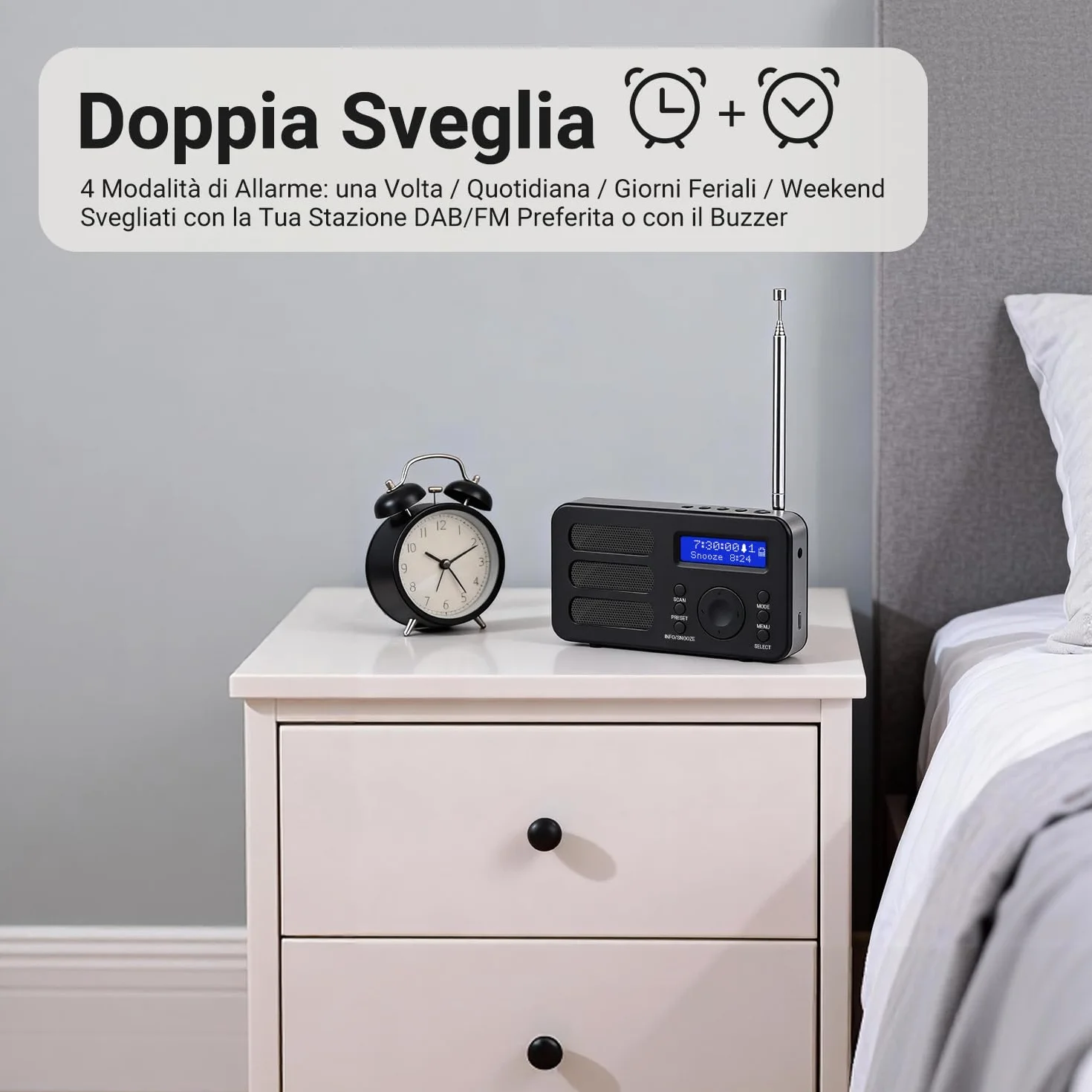 August MB225 Radio Portatile DAB DAB+ FM, Radio Digitale a Batteria con Dual Radiosveglia, Radiolina Portatile Ricaricabile con 40 Preselezioni, RDS, 20 Ore, Stereo/Mono, Presa per Cuffie - Nero