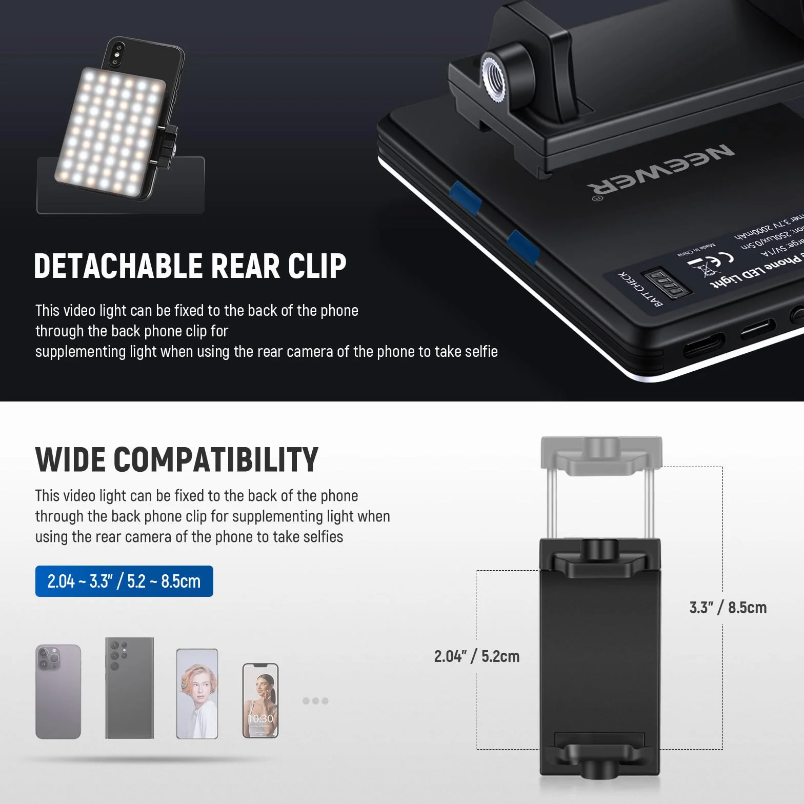 NEEWER LED Luce Selfie con Clips per Telefono, Luce Portatile per Foto Cellulare/Zoom Conferenza da Laptop, 60 LED Alta Potenza 2000mAh Ricaricabile CRI 95+, 3 Modalità di Luce, Luce Video per TikTok