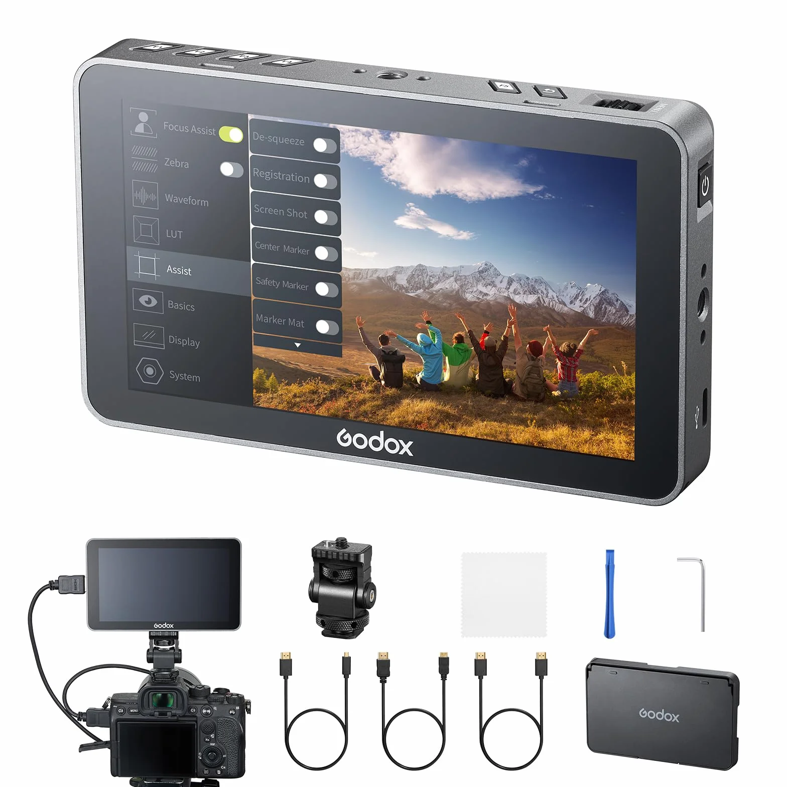 Godox GM6s Pro Kit2 Touch Screen 5.5 Pollici Camera Field Monitor, 2000nit HD 1920x1080 IPS Touch Screen, Gamma di Colori Rec.709, Supporto LUT 3D, 4K HDMI in/Out con 10W Basso Consumo energetico