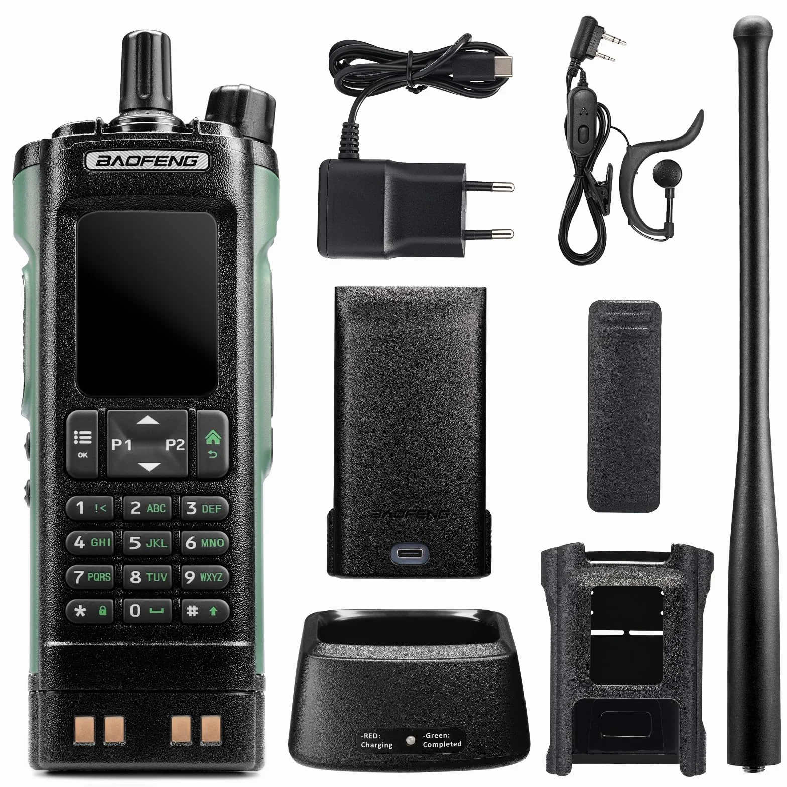 Radio BAOFENG DM-32UV DMR 10W portatile UHF/VHF/AM/FM con GPS e APRS digitale, doppio slot Tier II, display 2", 4000 canali, zielona