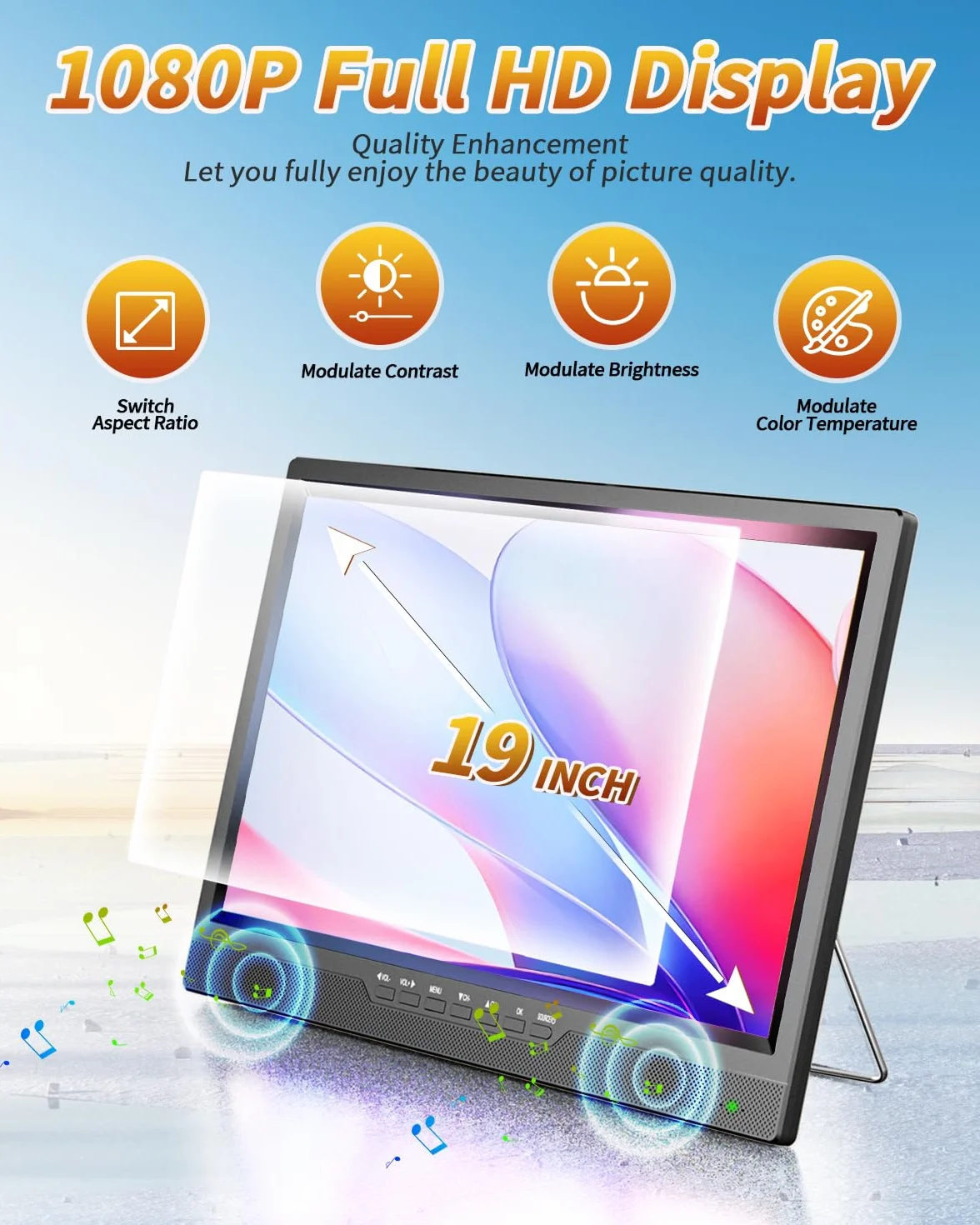 Desobry TV portatile 19 pollici 1080P DVB-T2 HDMI AV USB 12volt