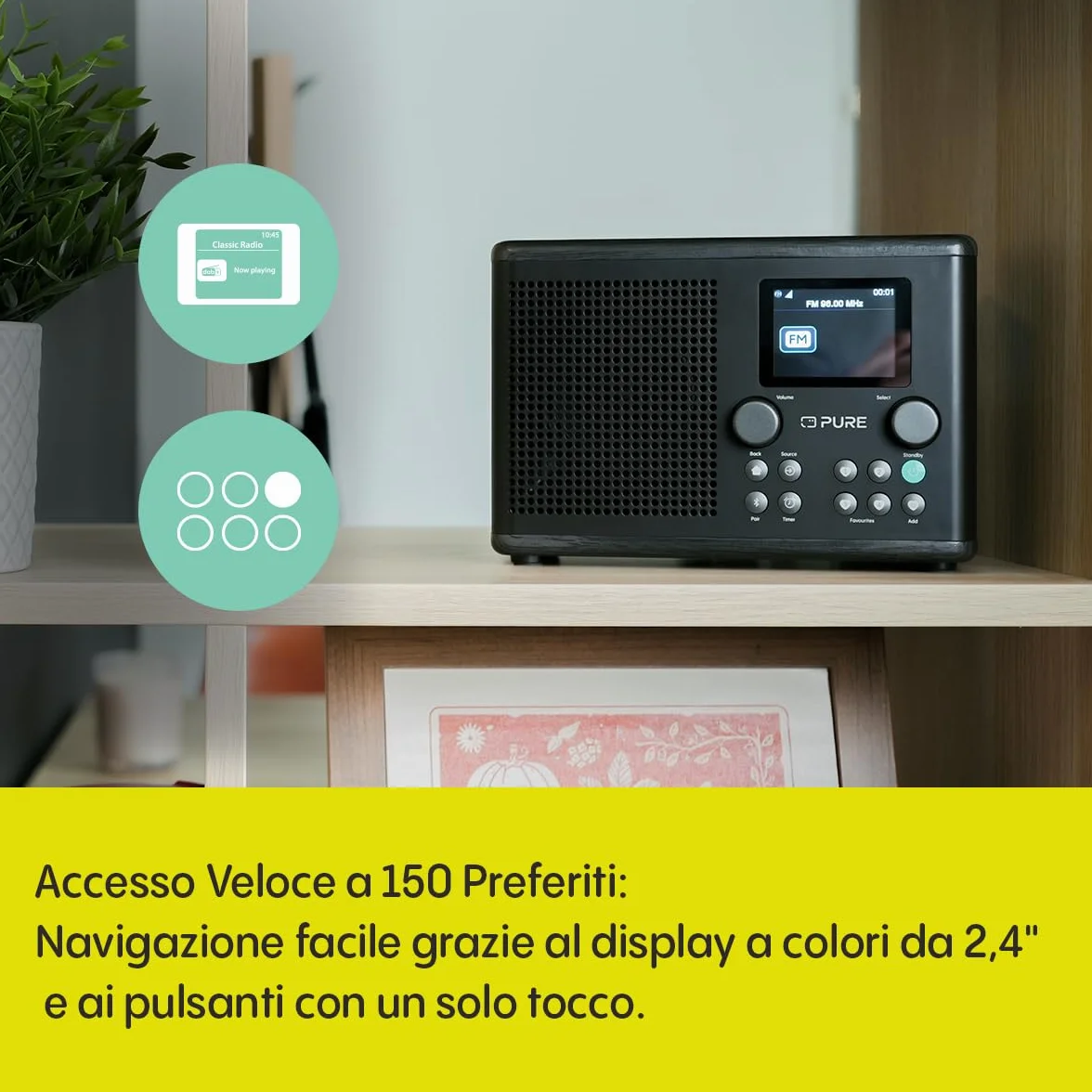 Radio Internet Pure Classic H4i WiFi DAB+ FM Bluetooth 5.3 USB Altoparlante 10W Schermo 2,4" Nero