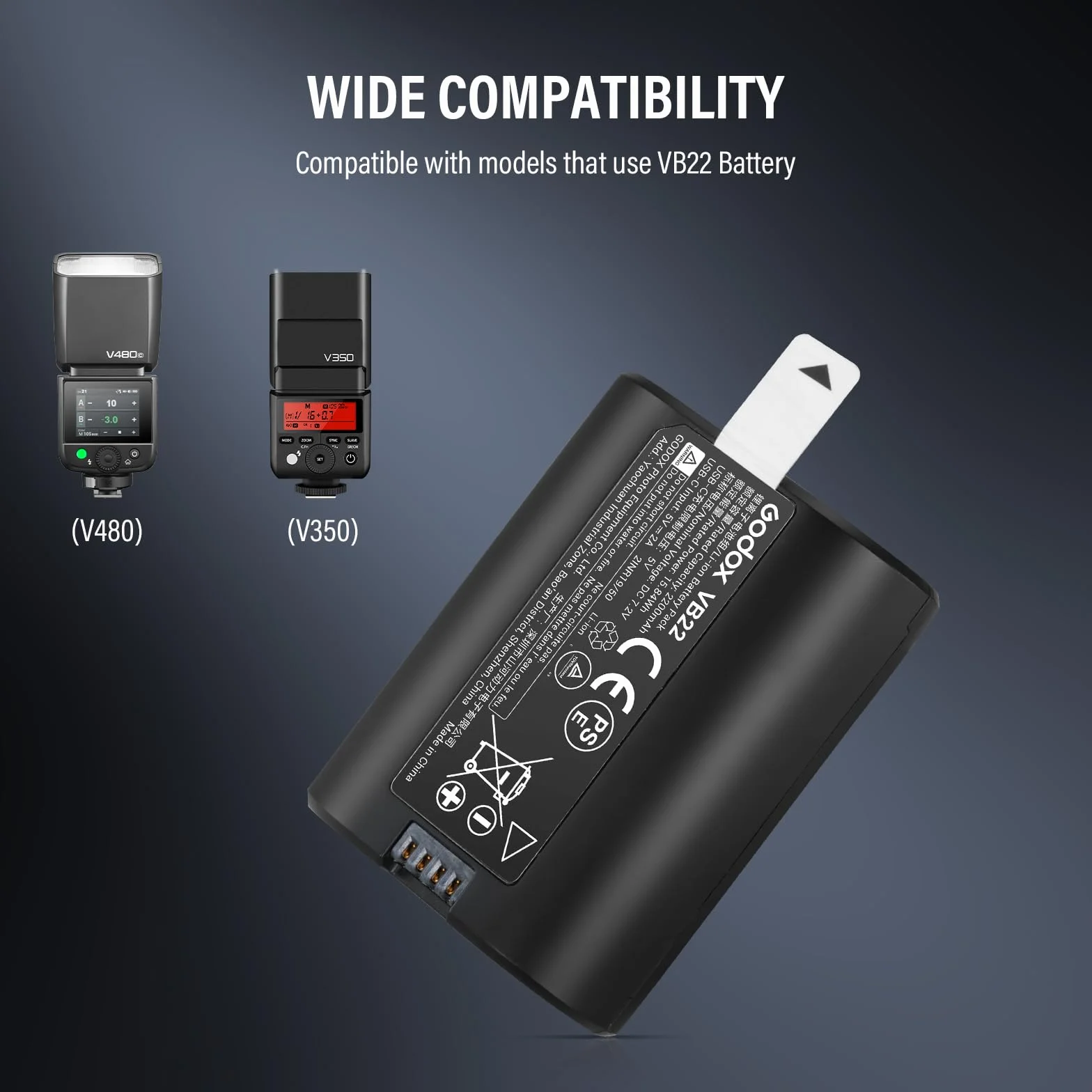 Godox Batteria al Litio VB22 Battery 7,2 V 2200 mAh compatibile con Flash Fotocamera V480 V350