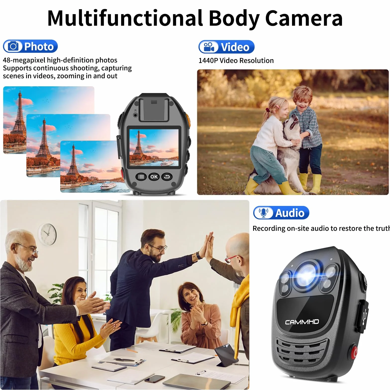 CAMMHD 1440P Body Cam 3500mAh 10-12 ore Registrazione video Visione notturna a infrarossi Bodycam con 2 clip ruotabili a 360° per la sicurezza della polizia(Nessuna carta)