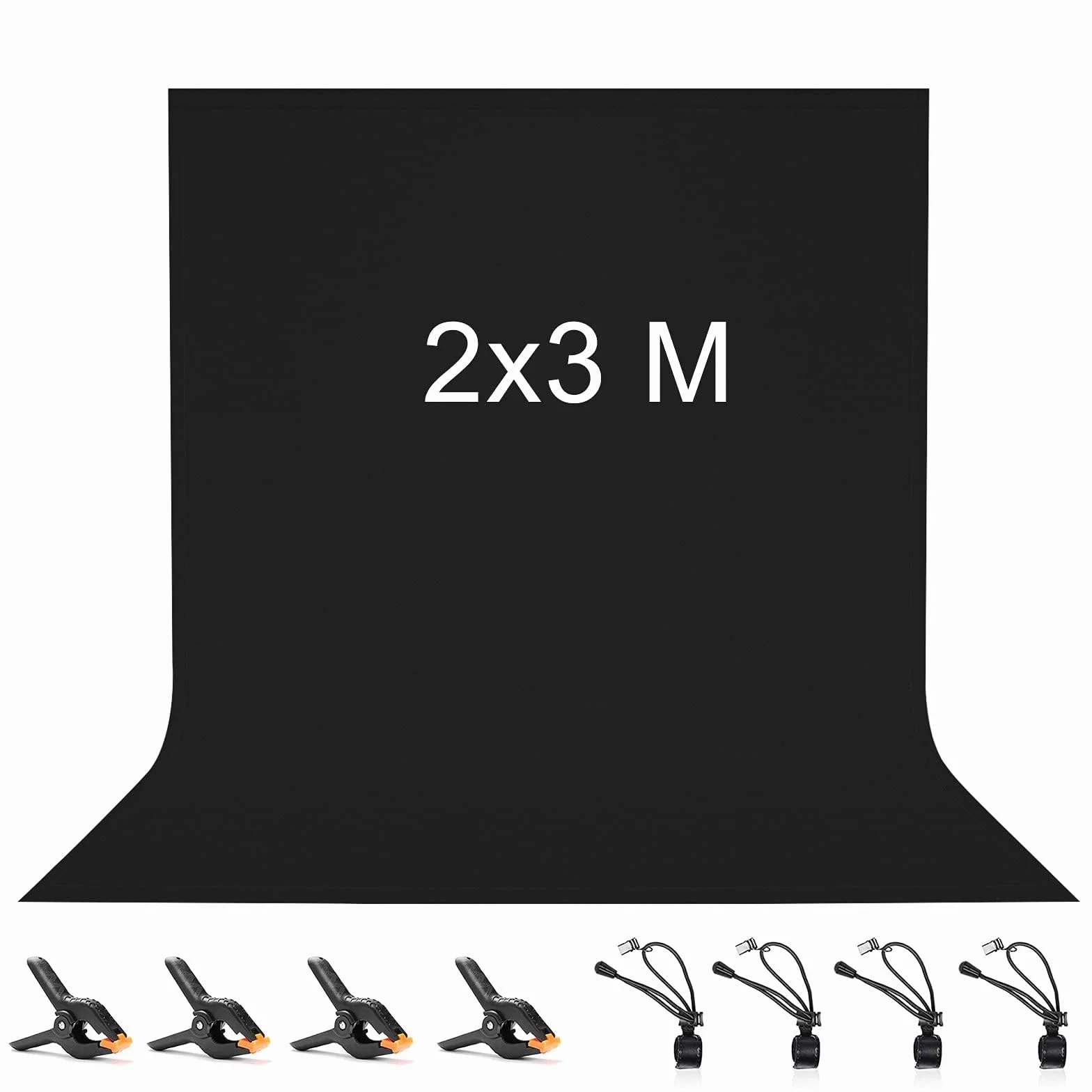 2X3 M Sfondo Fotografico, Sfondo Nero con 8 Clip Antipiega, 100% Poliestere Pieghevole Lavabile Durevole Schermo Nero per Fotografia, Video, Fotocamera, Foto, Video