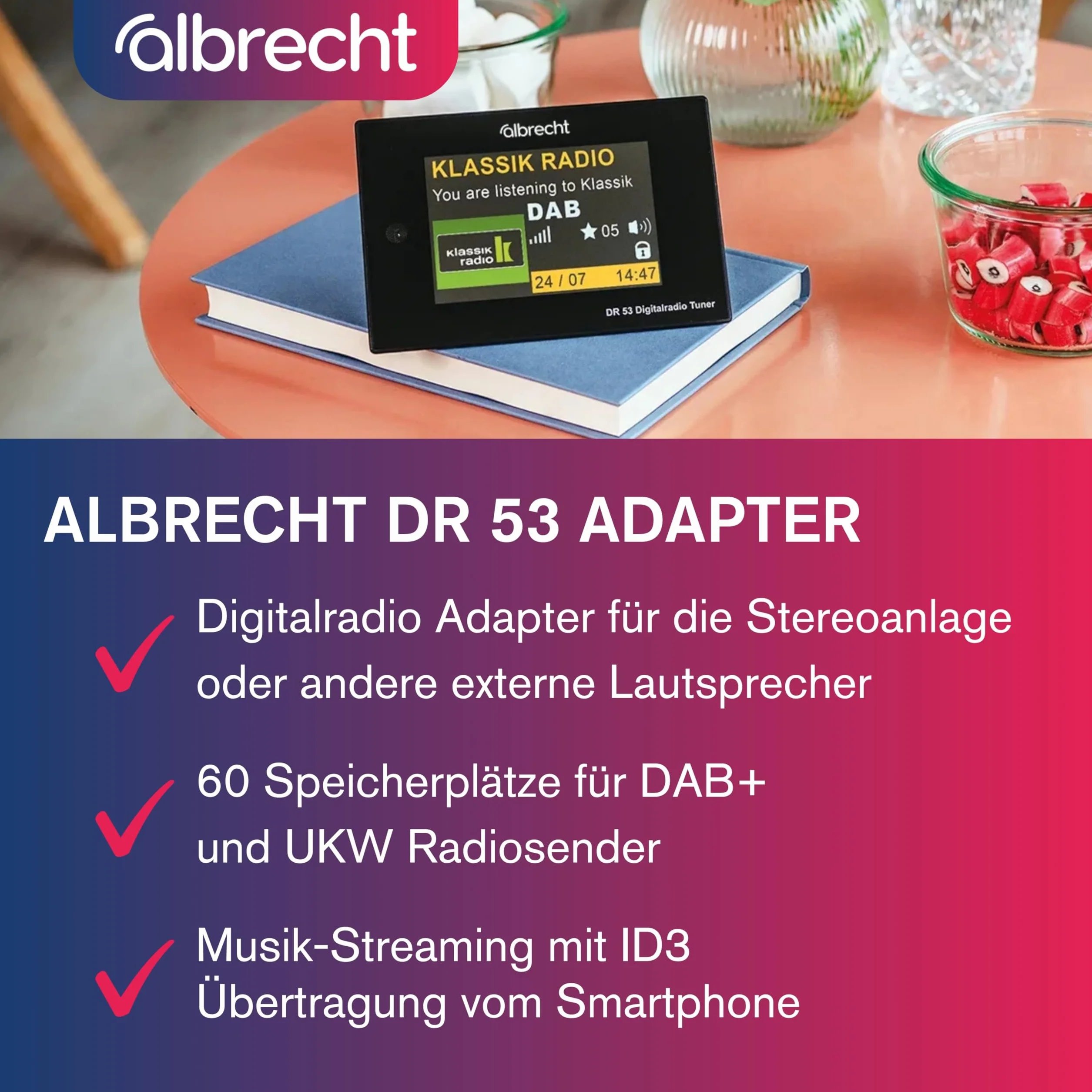 Albrecht DR 53 Sintonizzatore Radio Digitale DAB/DAB+ FM Bluetooth 4'' Display