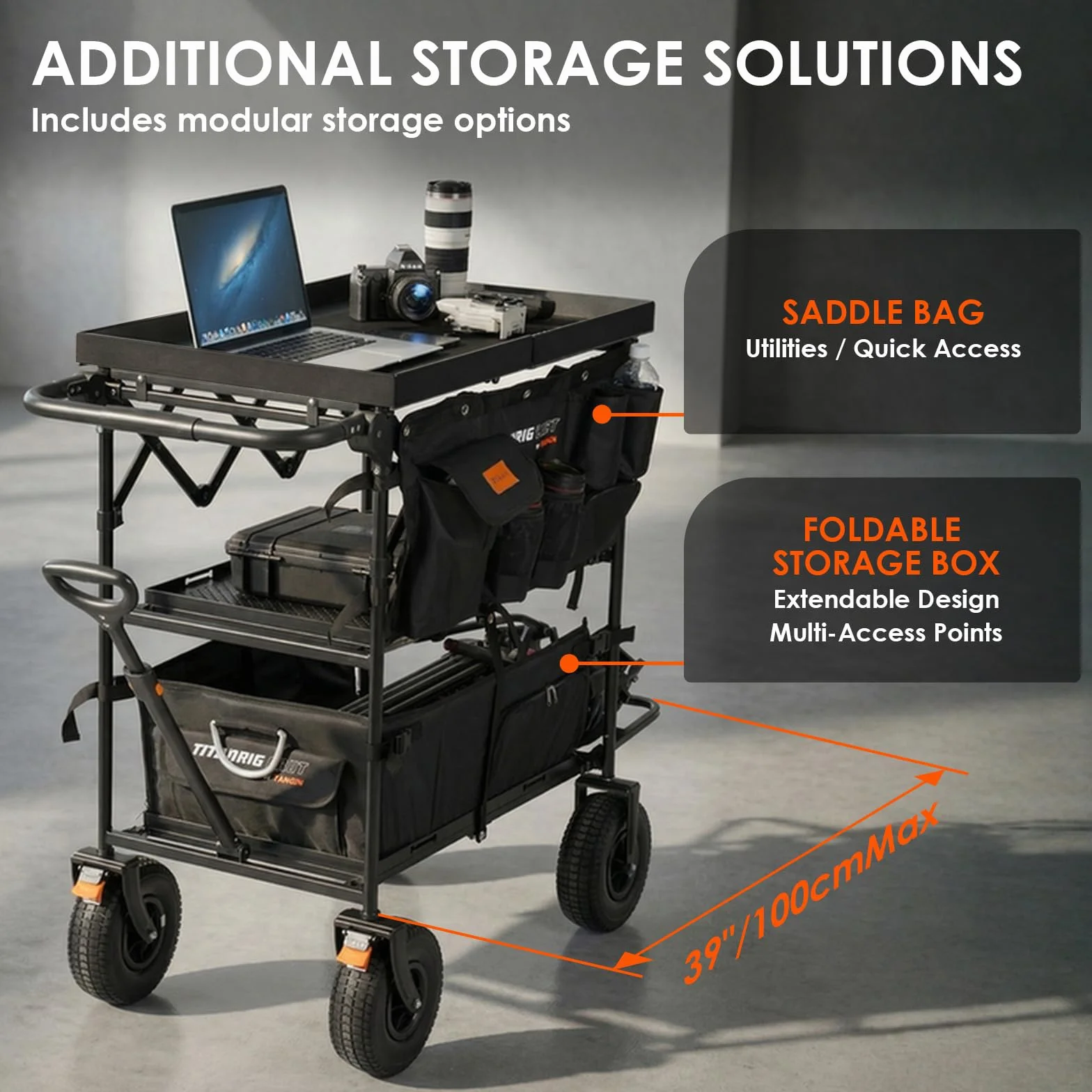 TARION Carrello Fotografico con Ruote Pieghevole: Leggero Facile da Montare e Smontare Compatto per Trasporto Con Piastra Estensibile Manico Regolabile e Borsa Portaoggetti Titanrig Cart Pro