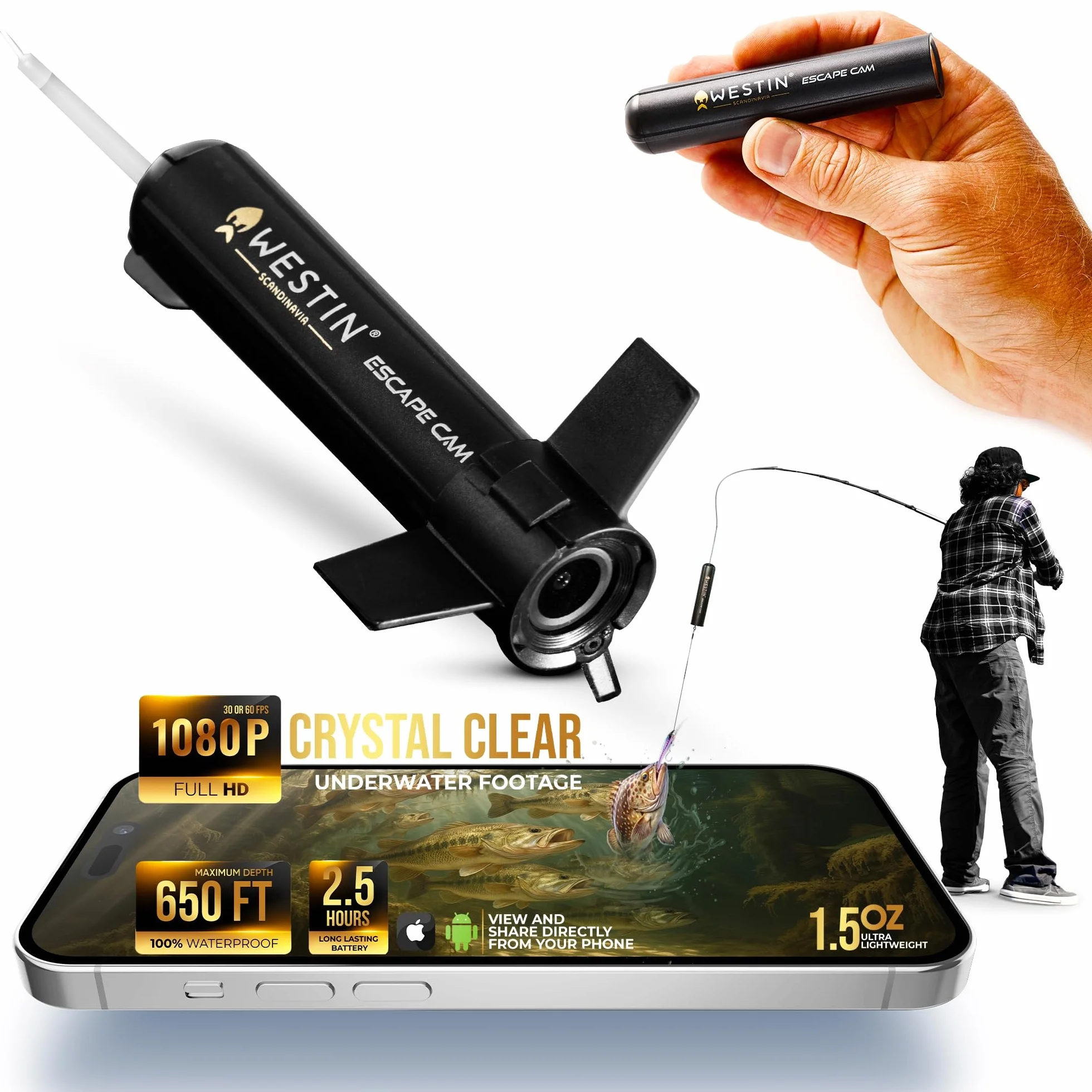 Westin Escape Cam - Fotocamera subacquea per pesca subacquea, set completo leggero, nero