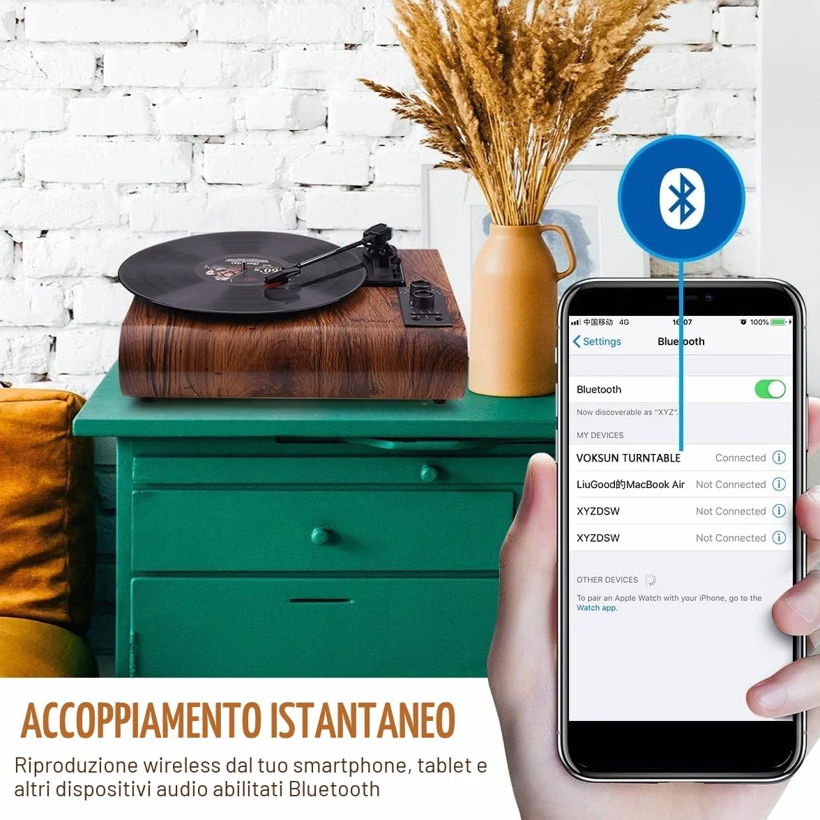 Giradischi in Vinile Vintage Bluetooth Altoparlanti Integrati 3 Velocità Portatile Legno Noce