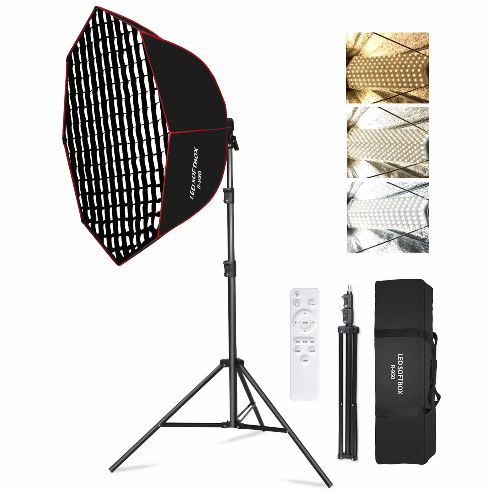 Set di Illuminazione Softbox Ottagonale da 110 W, 95 cm, con Griglia a Nido d'Ape/Telecomando/Supporto Luminoso, per Fotografia, Studio Fotografico, Ritratti, Trasmissione Live