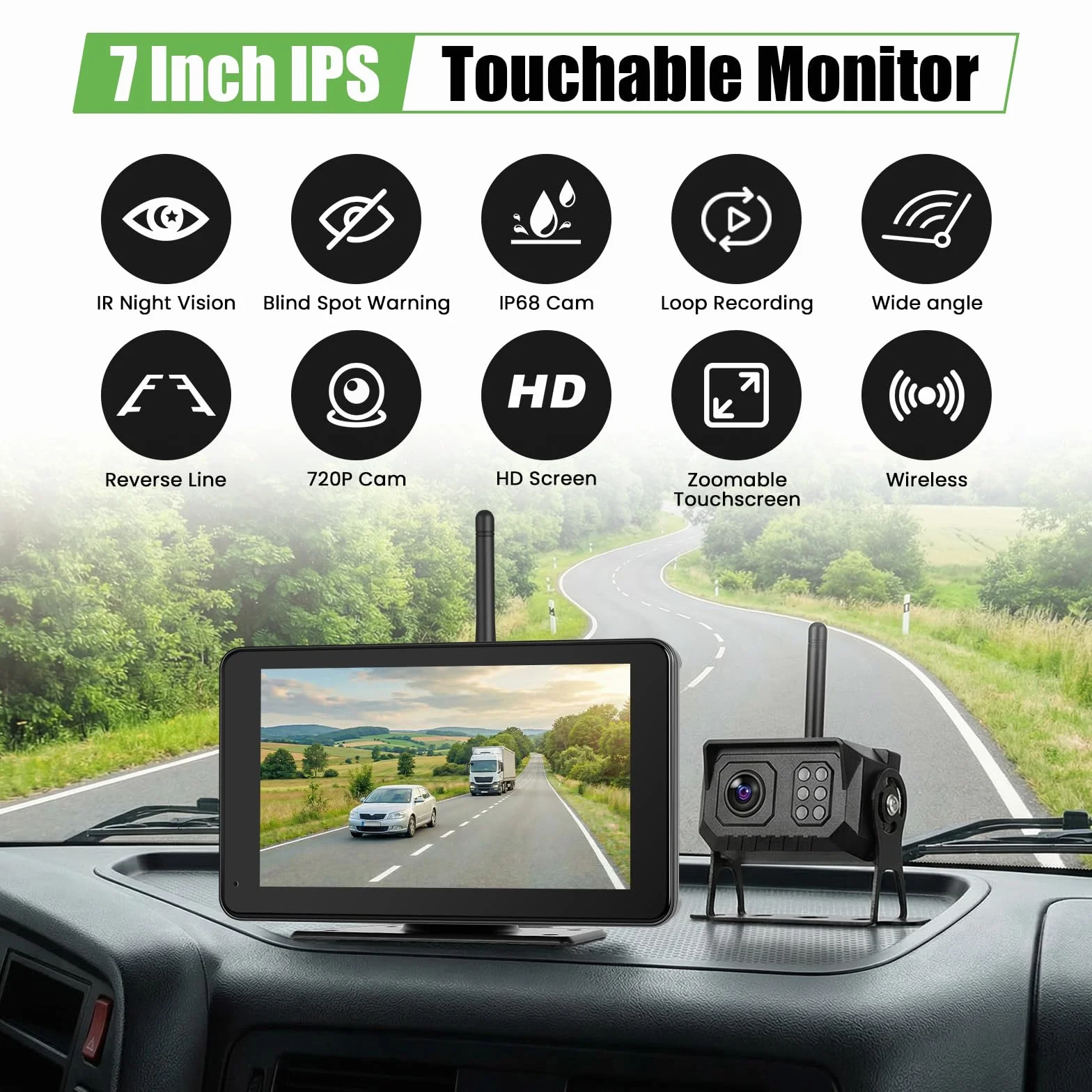 Telecamera di retromarcia senza fili 7" IPS touchscreen set per camper con telecamera posteriore a visione notturna, impermeabile IP68, registrazione in loop, BSD e linea di retromarcia