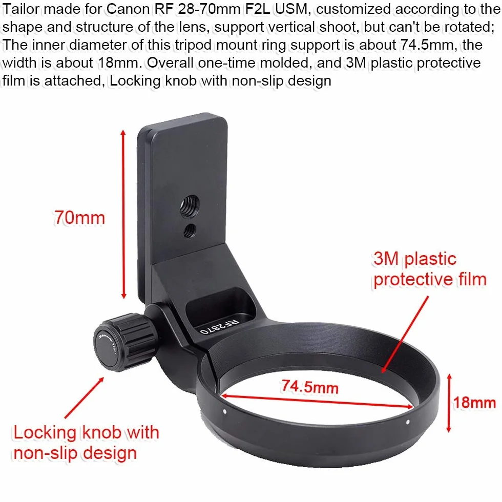 iShoot Supporto ad anello con supporto in metallo da 74,5 mm compatibile con Canon RF 28-70 mm f/2L USM, supporto per lenti e supporto per lenti è Arca-Swiss Fit piastra a sgancio rapido
