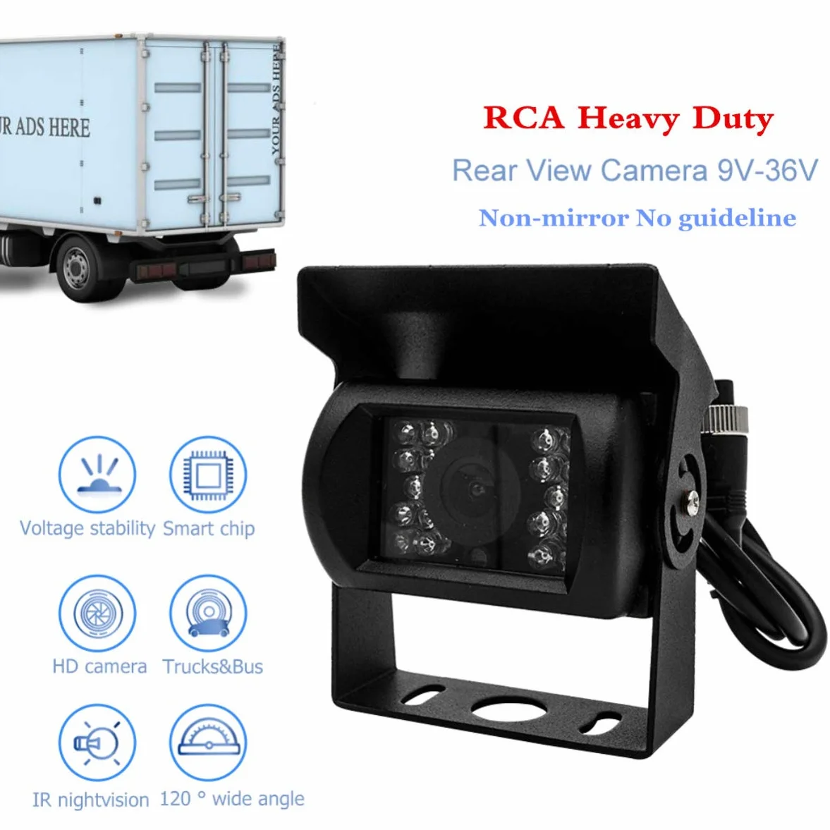 Telecamera per retromarcia per auto, telecamera di backup HD 9V-36V, telecamera CCD per vista frontale impermeabile per autobus per rimorchi per camion con visione notturna a 18 LED IR