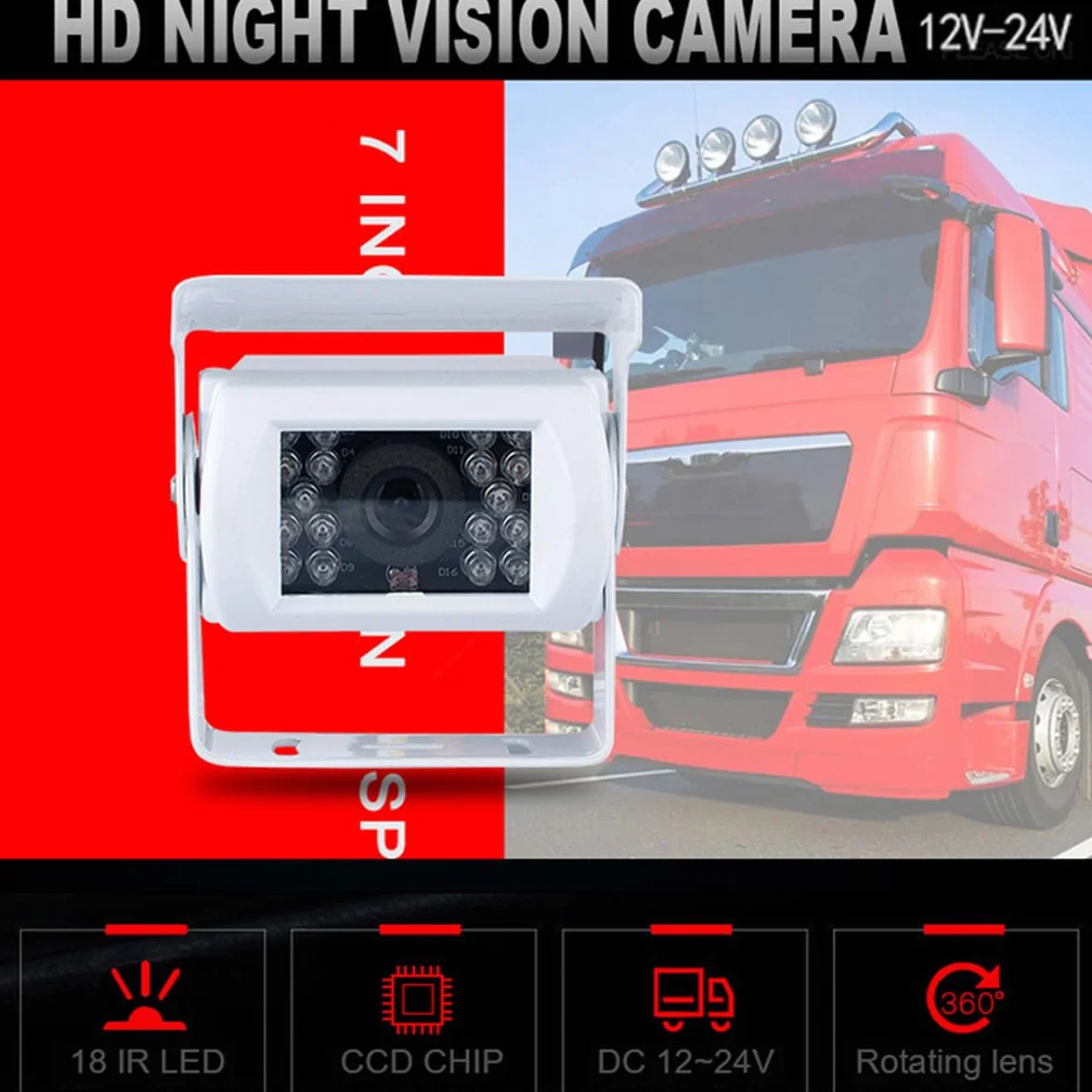 Telecamera di Retromarcia HD Bianca per Furgoni, Auto, Camion e Autobus, Visione Notturna IR 18 LED, Impermeabile, con Cavo AV 15M, 12V-24V, Sistema di Parcheggio Assistito