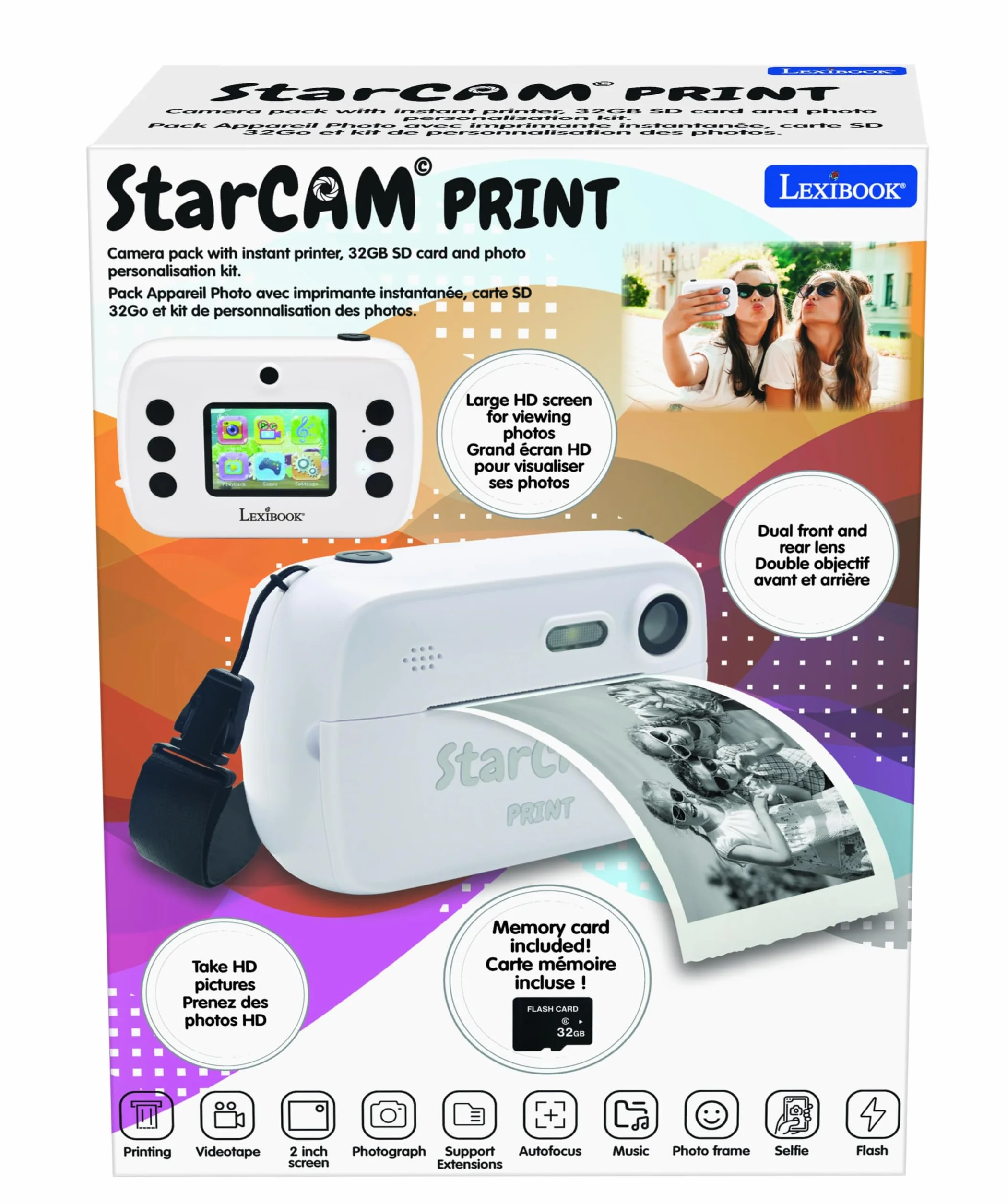 Lexibook StarCAM Print, Confezione di fotocamera con stampante istantanea, funzione foto e video, scheda SD da 32 GB e kit di personalizzazione foto inclusi, DJ150LXB