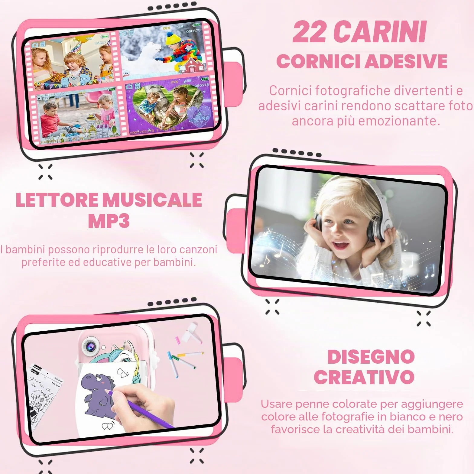 CATGIFF Macchina Fotografica Bambini Istantanea, 2.4 Pollici 1080P HD Fotocamera Digitale Bambini con Matita Colorata Carta da Stampa e 32GB Scheda, Rosa