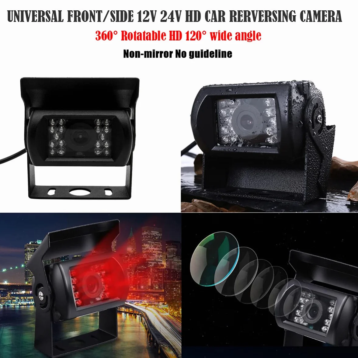 Telecamera per retromarcia per auto, telecamera di backup HD 9V-36V, telecamera CCD per vista frontale impermeabile per autobus per rimorchi per camion con visione notturna a 18 LED IR