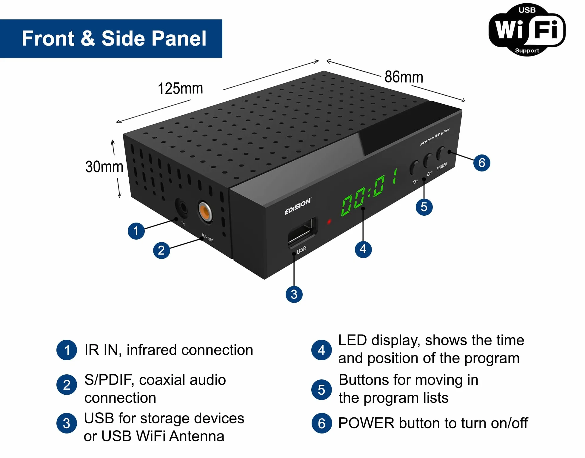 Decoder DVB-S2 HD EDISION PROTON S2 plus Ricevitore Digitale Satellitare DVB-S2, Supporto Unicable, Supporto USB WiFi, LAN, HDMI, SCART, SPDIF, USB, IR, lettore di schede, Telecomando Universale 2in1