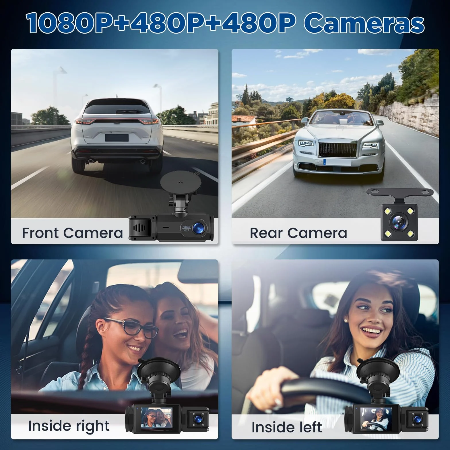 Dash Cam Auto Senza Fili WiFi – 3 Canali Fronte Interno Retro, Full HD 1080P, 2” IPS, Visione Notturna, Rilevamento Movimento, Loop, Obiettivo Rotabile