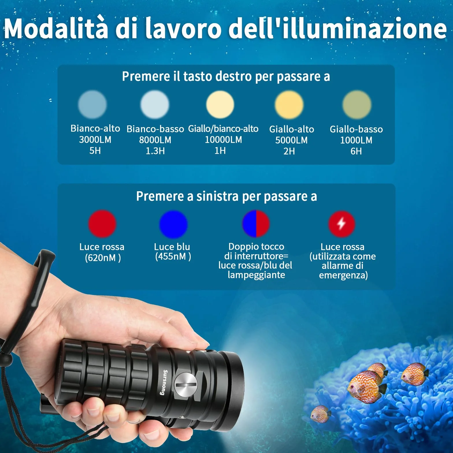 SR 10000 Lumens Torcia Subacquea Video - torcia subacquea professionale con 95 CRI, luce bianca 6500K, per immersioni/fotografia subacquea/videografia (impermeabile IP68, profondità 120m)
