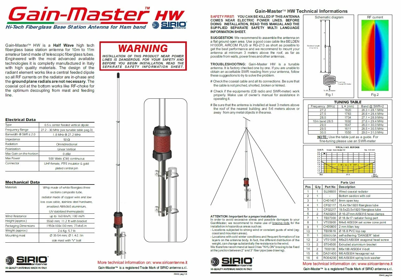 SIRIO GAIN MASTER HW ANTENNA IN FIBRA DI VETRO TARABILE da 27.2 a 30 MHz