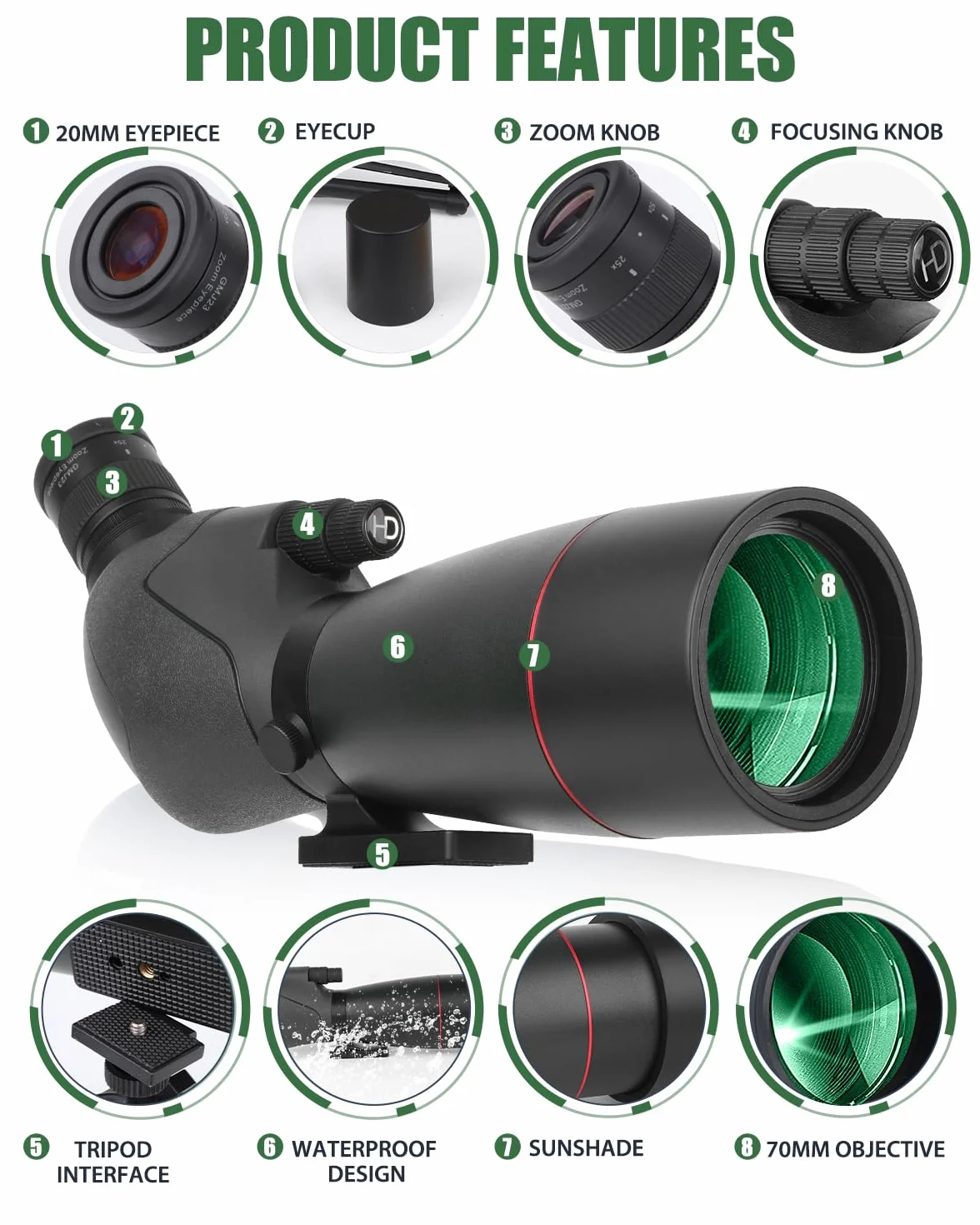 Cannocchiale Zoom ad Alta Potenza con Adattatore per Telefono, Treppiede, Borsa, Oculare Angolato 45°, per Tiro al Bersaglio, Osservazione Uccelli e Caccia (black)