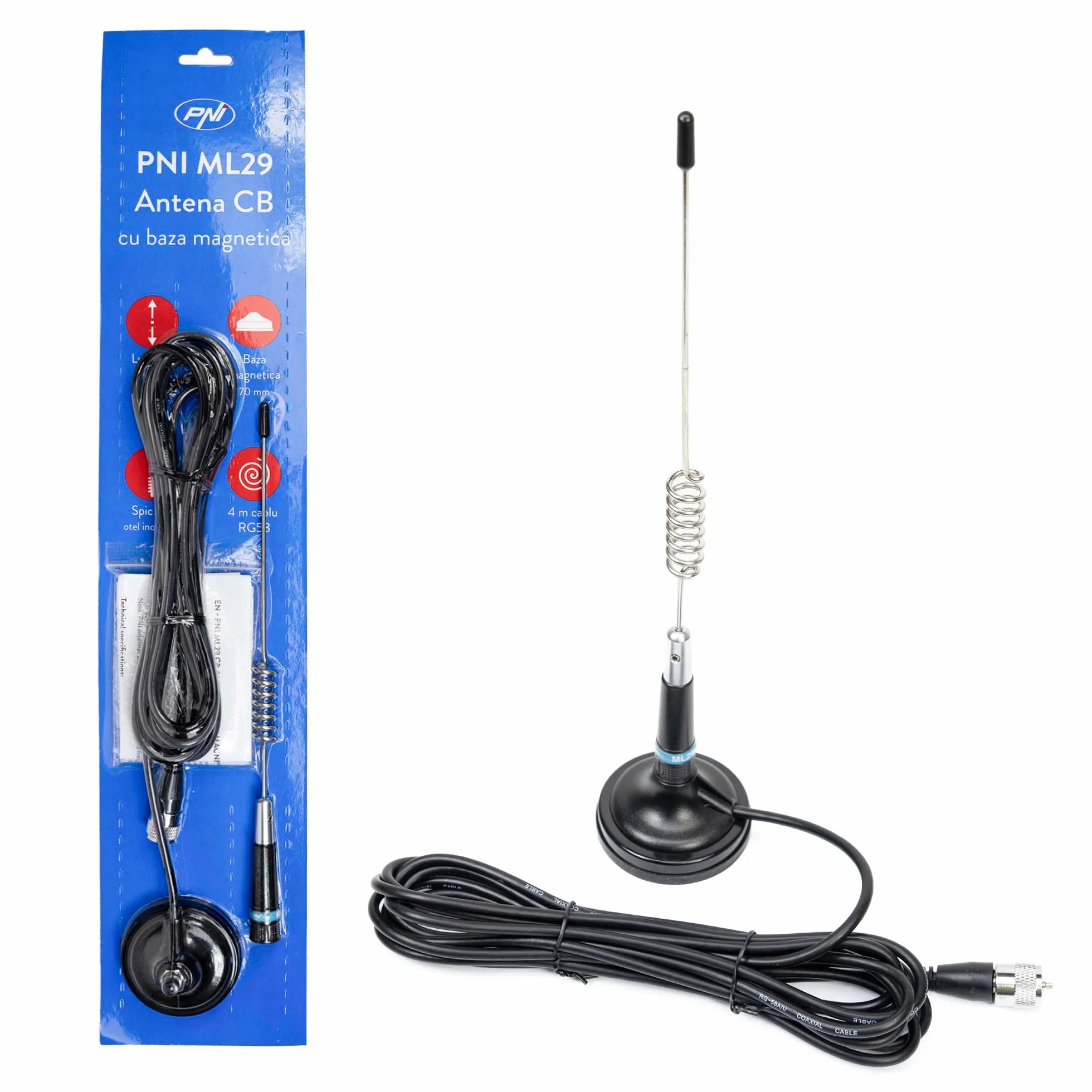 Antenna CB PNI ML29, lunghezza 29 cm, con magnete incluso diametro 70 mm e cavo RG58