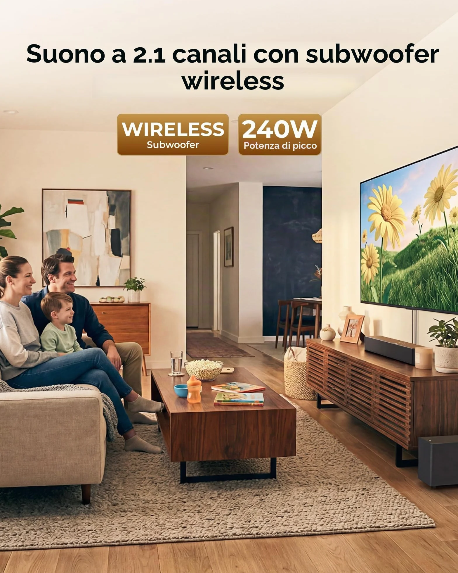 ULTIMEA Soundbar con Subwoofer Wireless, 240W Potenza di Picco, VoiceMX e BassMX, App Controllo, 2.1 canali Sound Bar per Smart TV, Bassi Regolabili, HDMI, Ottico, Bluetooth 6.0, Poseidon M30