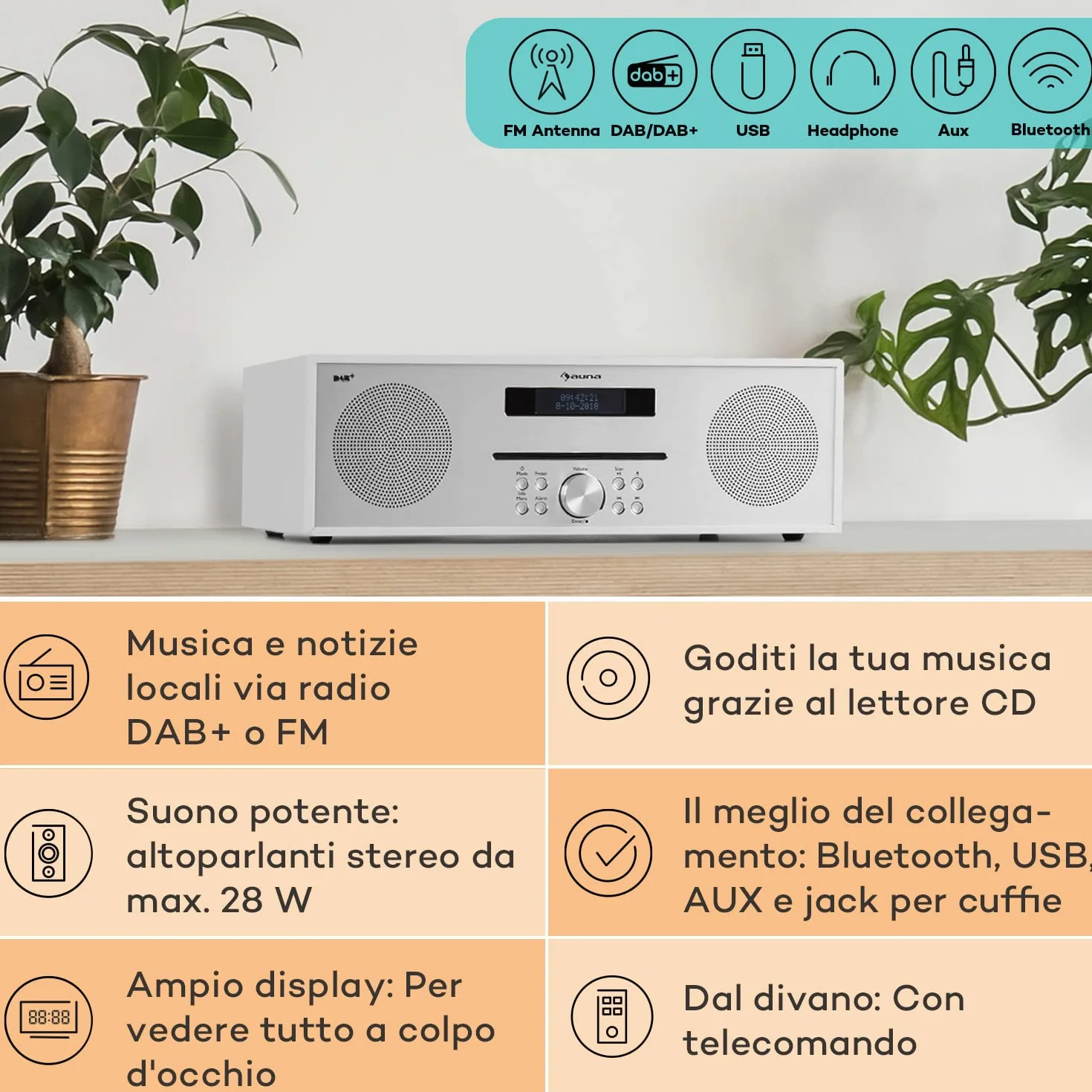 Silver Star Radio Portatile Ricaricabile DAB/FM/DAB+ Bluetooth CD Altoparlanti Stereo Display LCD Streaming MP3 Radiosveglia Vintage Legno
