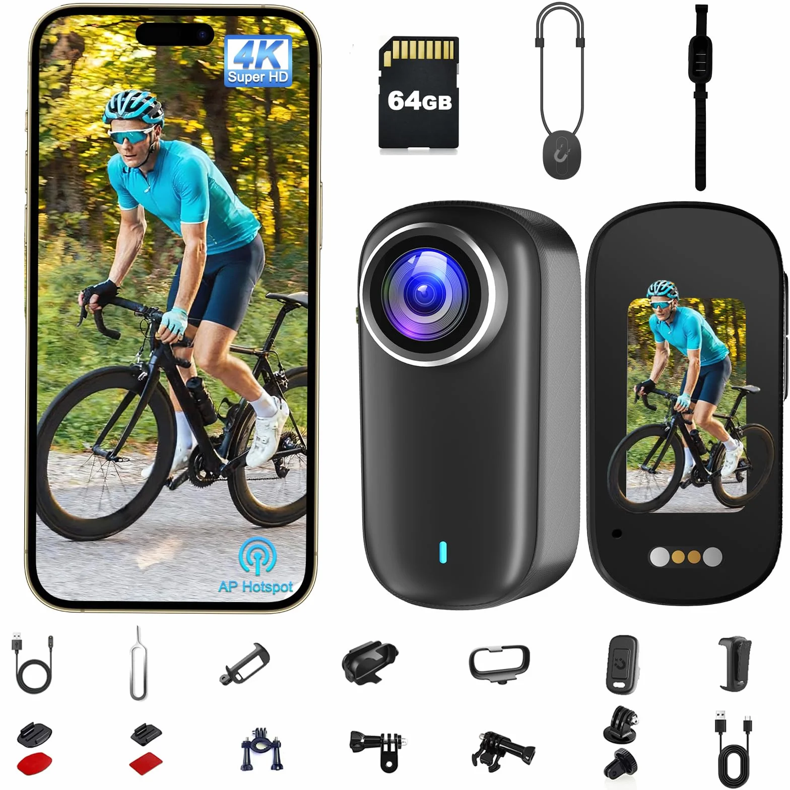 Action Cam, Body Cam 4K 64 GB, POV Camera Impermeabile IP65, Action Camera con Batteria da 1200 mAh, Compatta per Vlogging, Perfetta Come Telecamera Moto Casco, Telecamera Sci