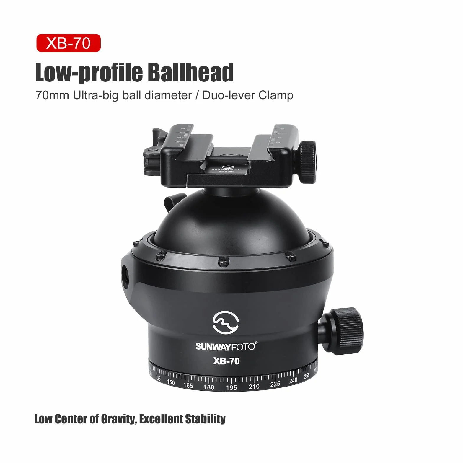 SUNWAYFOTO Testa a sfera XB-70 70 mm per treppiede da caccia, carico 40 kg