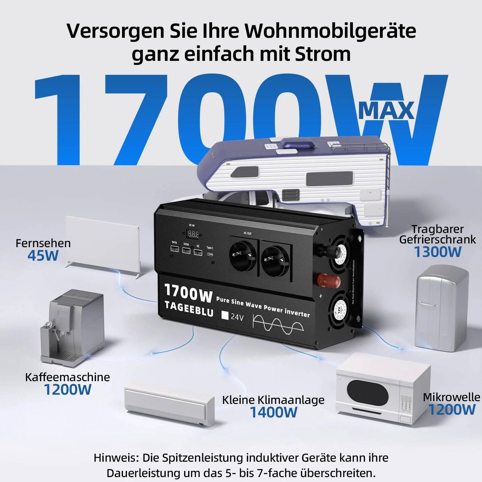1700W inverter 24v 220v Onda Pura con Display LCD, 4 EU Presa, 4 ports USB et Tipo C 30W