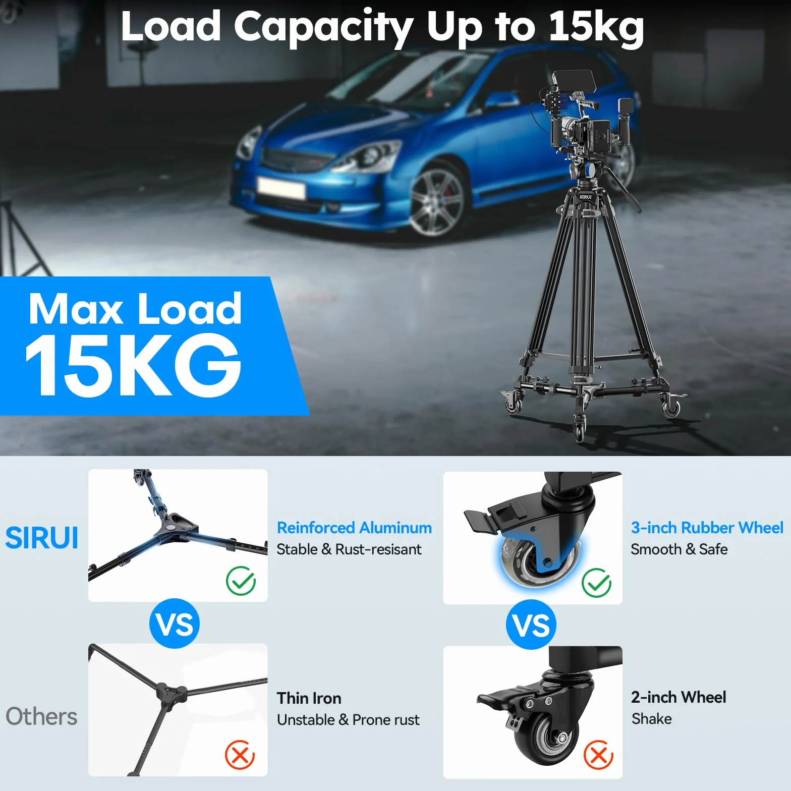 SIRUI Universal Photography Tripod Dolly con Ruote in Gomma da 3", Resistente con Gambe Regolabili e Borsa per il Trasporto, Capacità di Carico di 33 Libber - AM-DF02