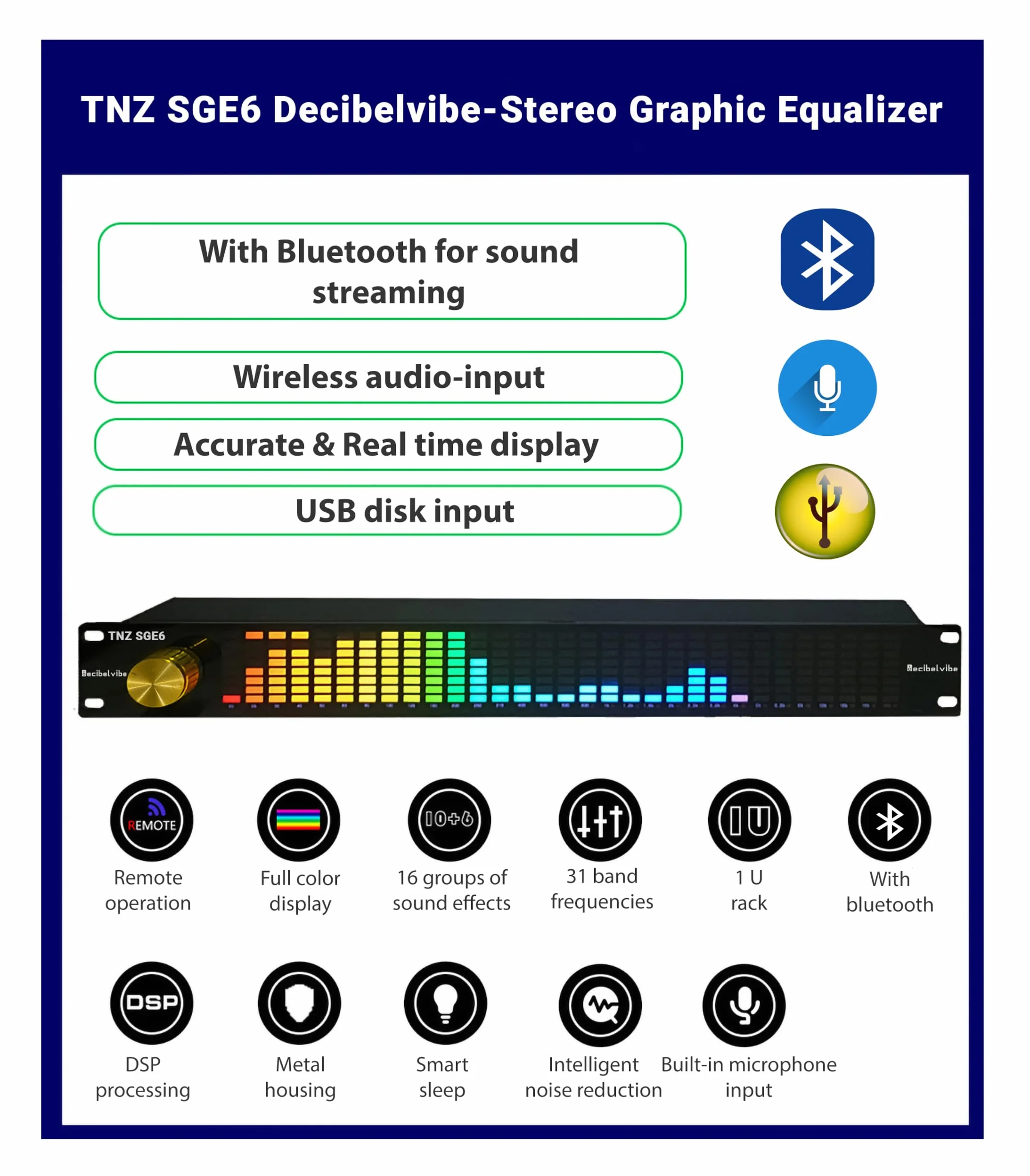 Decibelvibe TNZ SGE6 - Equalizzatore grafico audio con ingresso/uscita RCA-Jack 3.5, ingresso wireless tramite microfono integrato, ingresso USB e Bluetooth, preamplificatore audio per sistemi