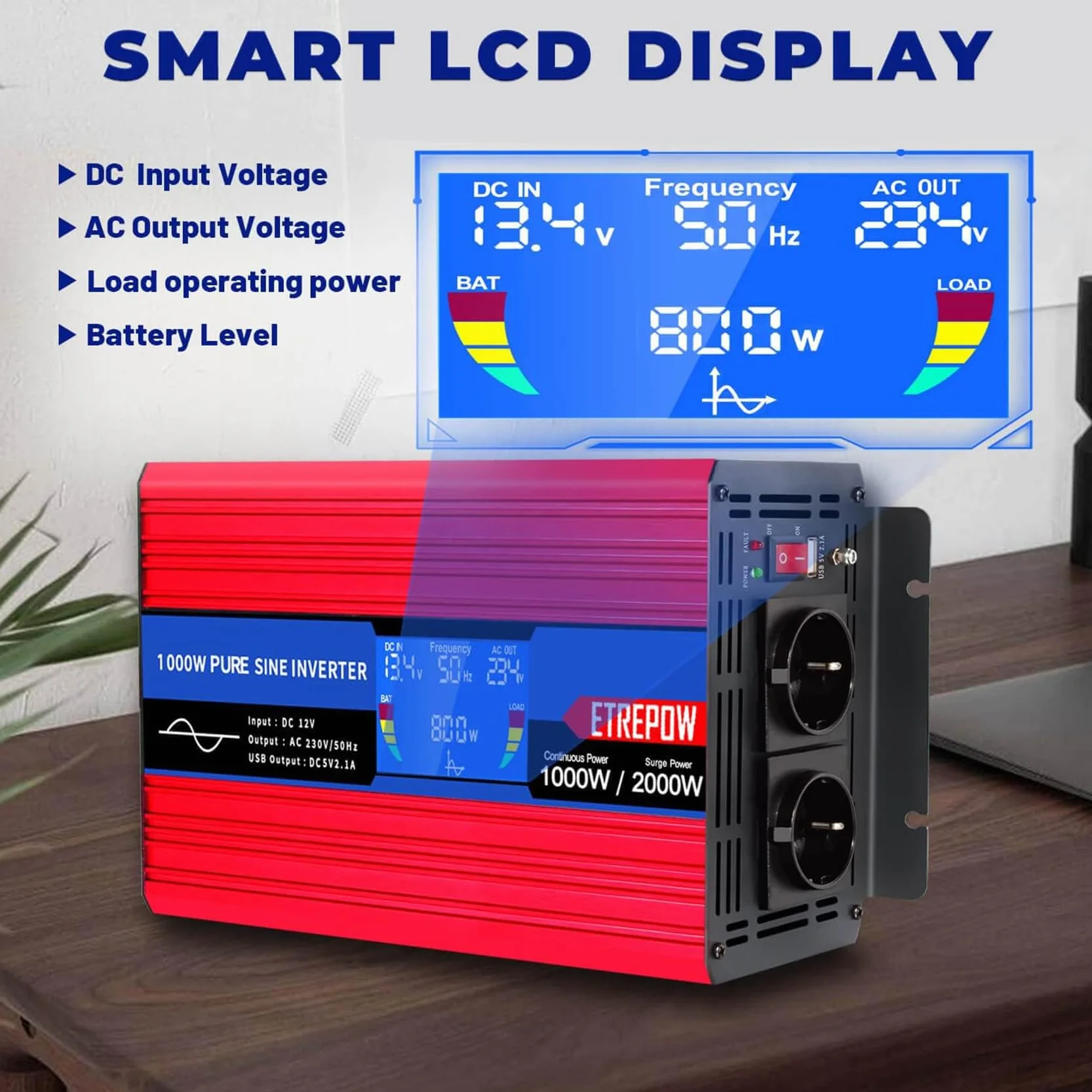 1000W Inverter 12V 220V Onda Sinusoidale Pura Trasformatore Con 2 Prese EU e USB, Telecomando Senza Fili,Display LCD,Picco 2000W