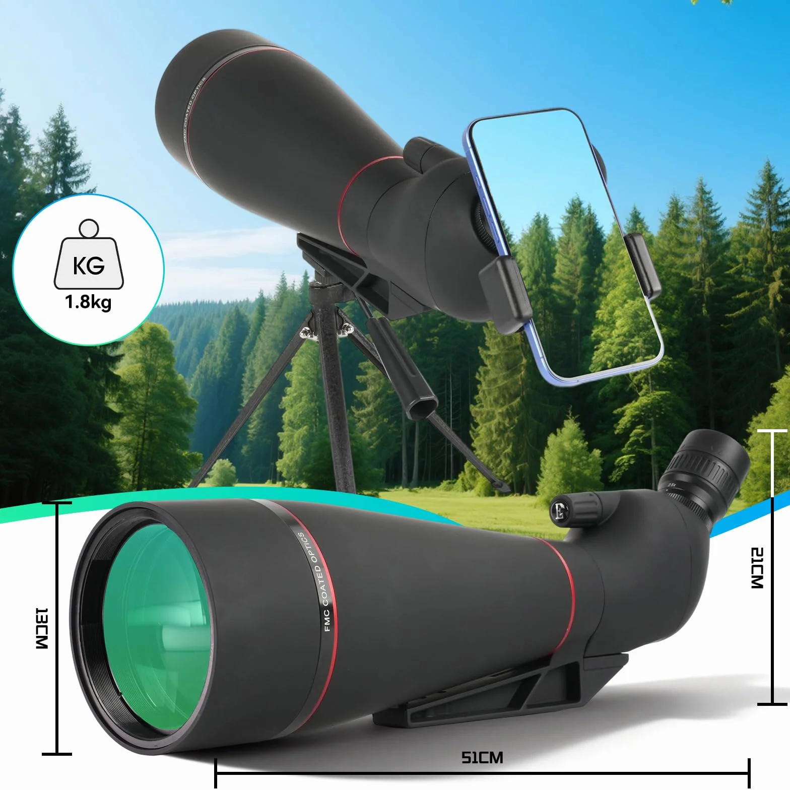25-75x100mm Cannocchiale con Treppiede,HD FMC Impermeabile,Cannocchiale Terrestre con Adattatore Telefono Borsa, per Tiro a Segno Tiro, con l'arco Birdwatching