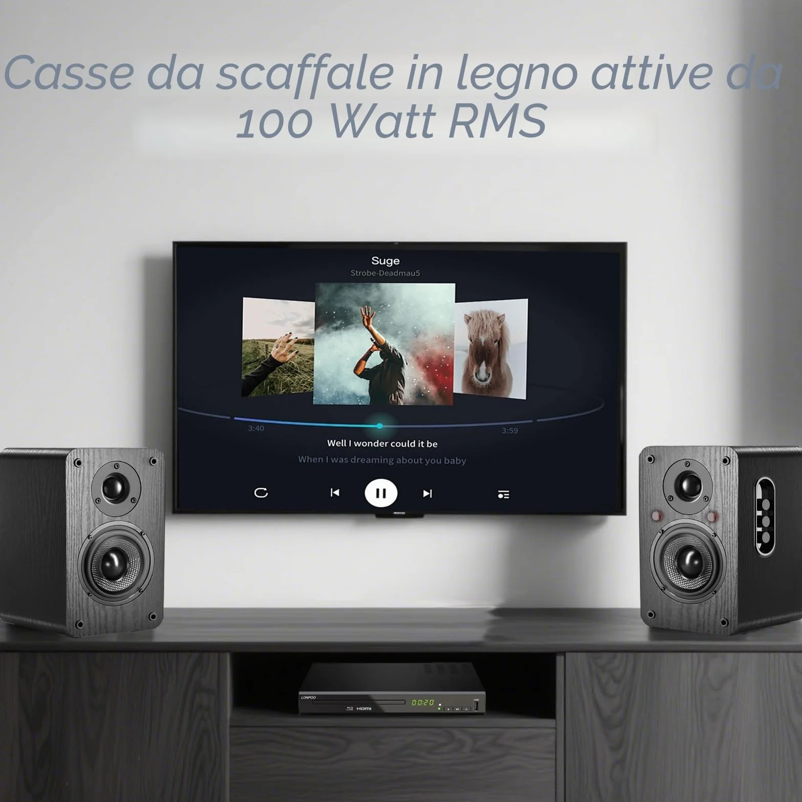 LONPOO LP-42X Attivi Diffusori da scaffale 100W RMS | woofer 4" fibra di carbonio | connettività HDMI ARC, Ottica, Coassiale, Bluetooth 5.3, AUX-IN, USB, telecomando (nero)