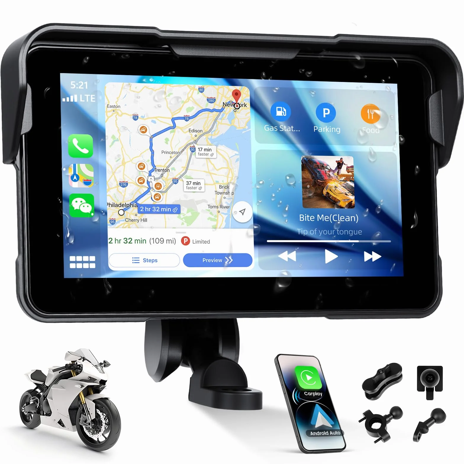 SIXTOP Schermo CarPlay per Moto, CarPlay e Android Auto Wireless per Moto, Touchscreen Impermeabile da 5 Pollici, Audio Bluetooth, Navigazione GPS, Siri