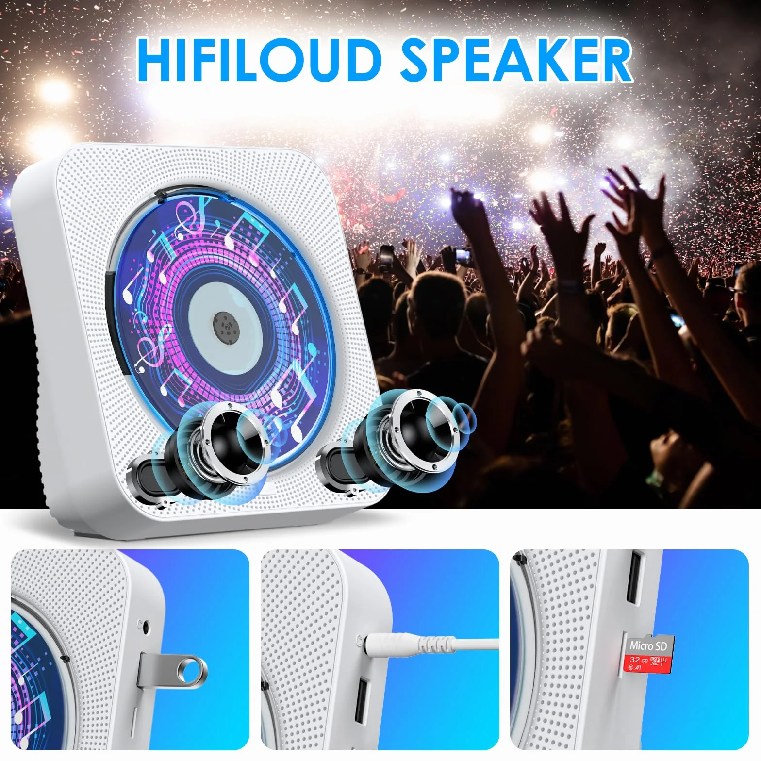 Gueray Lettore CD Bluetooth Hifi Con Altoparlante, Telecomando, Protezione Antipolvere, Schermo LED, Timer, Radio - Supporta AUX, USB, TF Card Playback