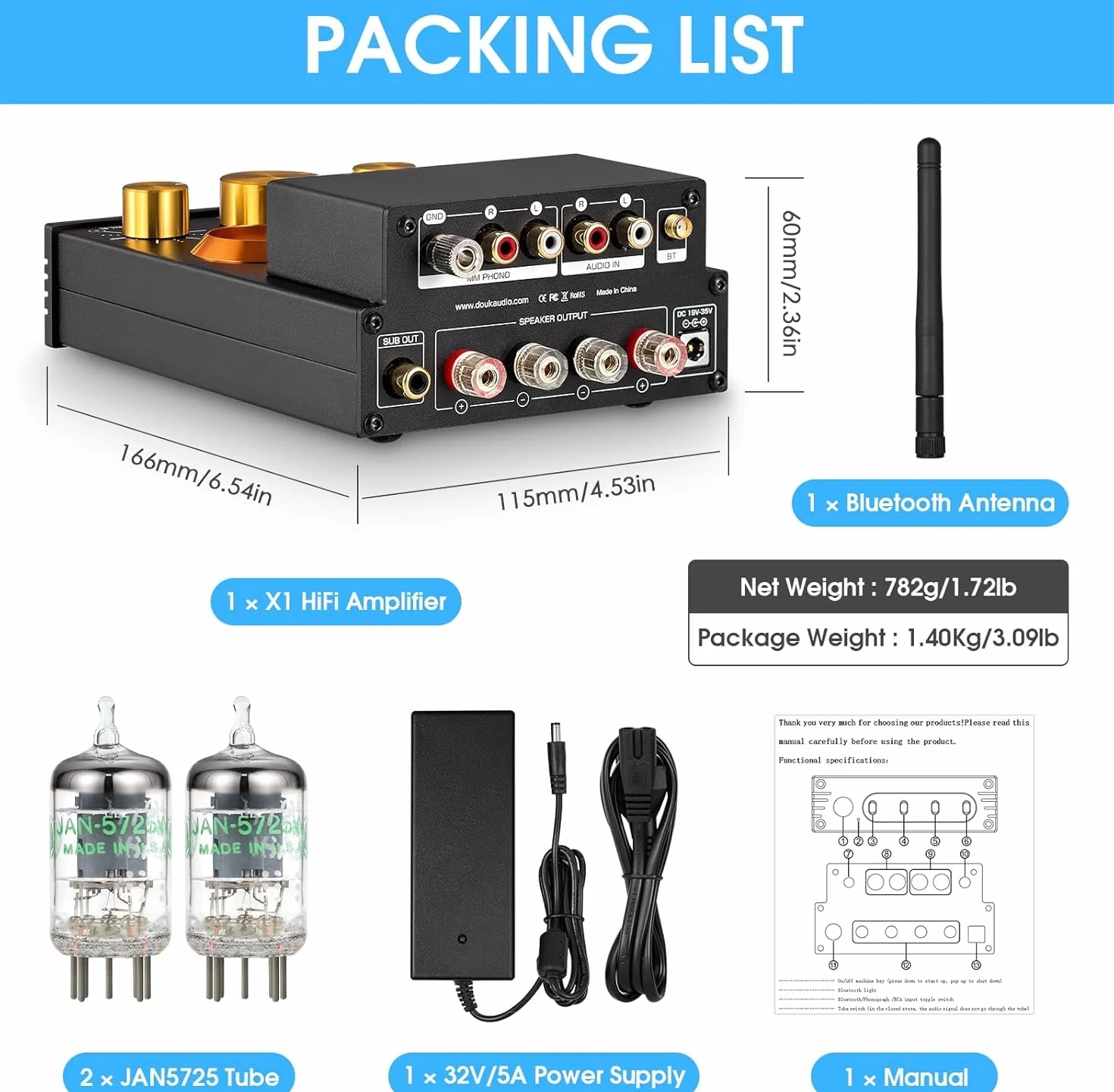 Douk Audio X1 amplificatore a valvole, amplificatore HiFi Bluetooth 5.0, amplificatore audio stereo a valvole GE5654, amplificatore phono MM, 160Wx2 chip TDA7498E, manopola di controllo acuti e bassi