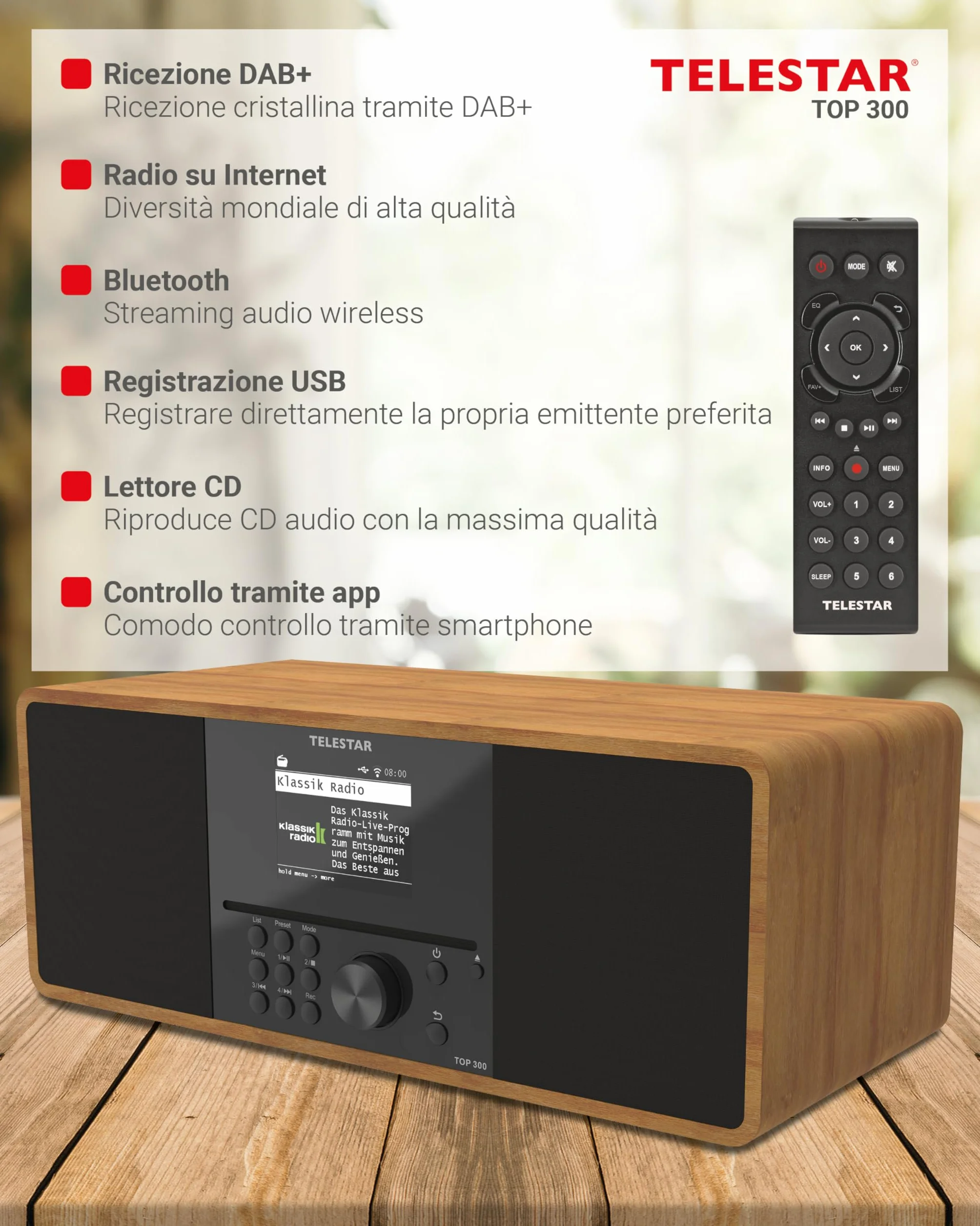 TELESTAR TOP 300 Radio DAB+/Internet con lettore CD stereo 2x15W Bluetooth Audio-Streaming Legno