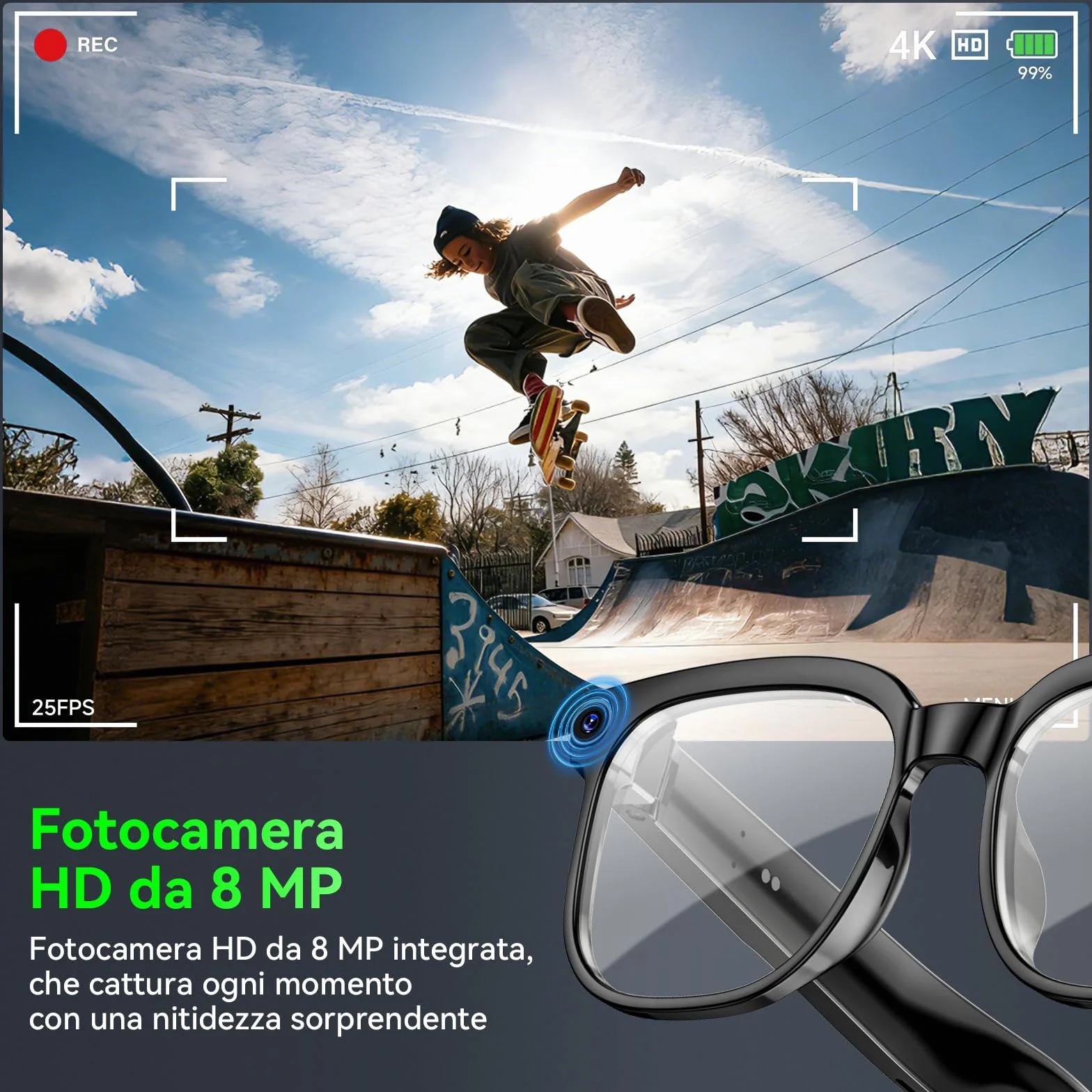 Occhiali Smart con Fotocamera 8MP,Smart Glasses AI,Occhiali Intelligenti con Fotografia/Registrazione/Chiamate Intelligenti/Musicale/Traduzione/Riconoscimento Immagini, Blu