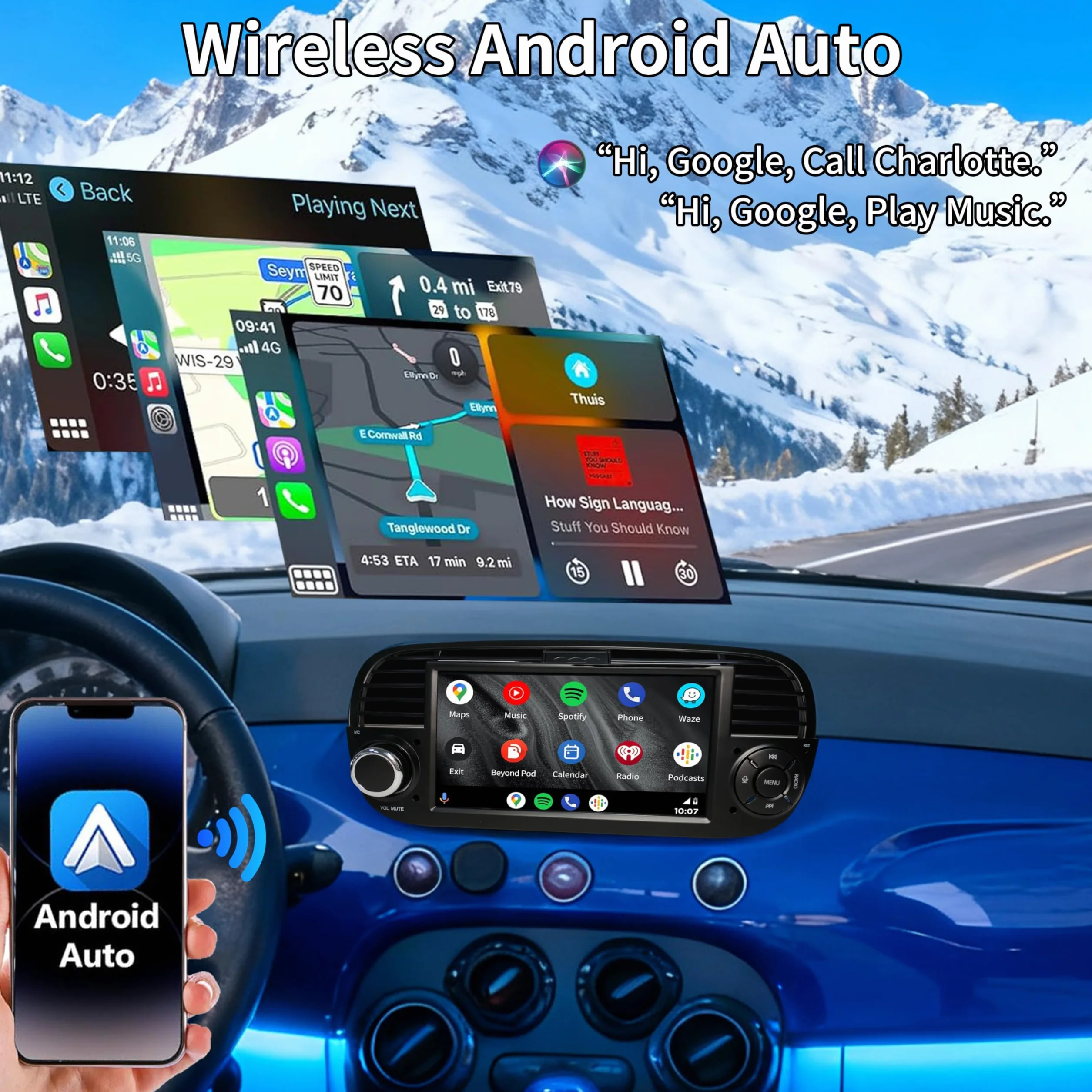 Wireless Carplay per Fiat 500 2007-2015, Schermo IPS da 7", Stereo Fiat 500 Supporta Android Auto e Mirrorlink, Bluetooth, Microfono, AM USB, DSP FM RDS SWC Originale