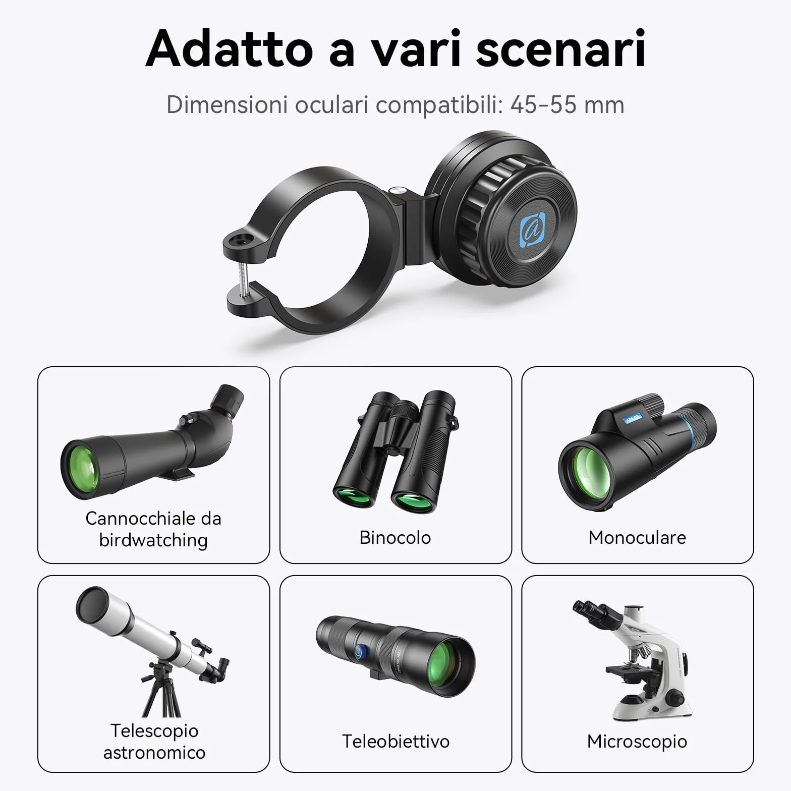 APEXEL Adattatore magnetico universale per smartphone per binocoli, telescopi, cannocchiali e microscopi. Adattatore oculare 45-55mm, compatibile con la maggior parte dei cellulari