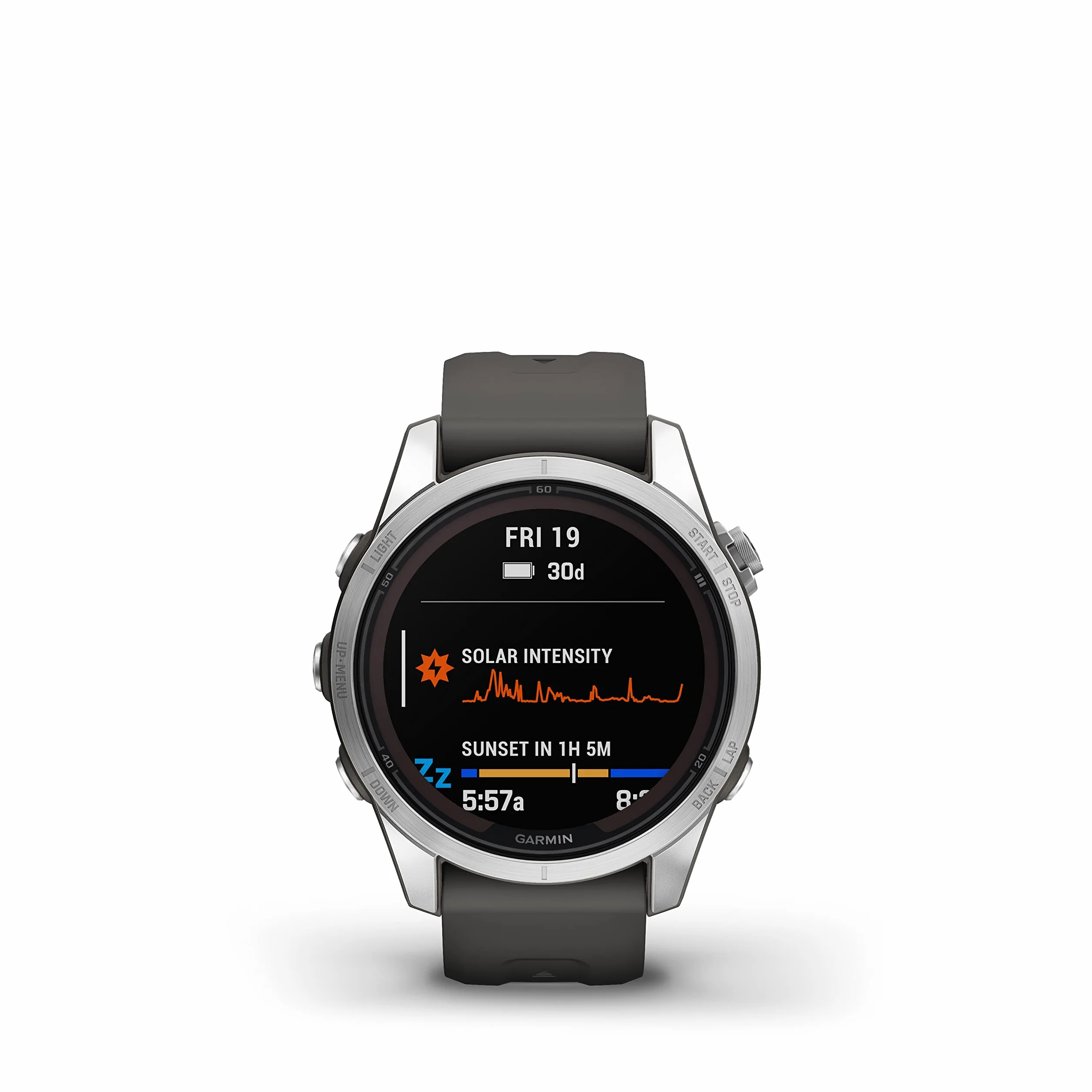 Garmin fēnix 7S Pro Solar, Smartwatch, Ricarica solare, 42mm, Torcia LED, Touchscreen 1,2", +30 Sport, GNSS multi-band, SpO2, Mappe, Musica, Autonomia 14 giorni (Silver & Graphite) (Ricondizionato)