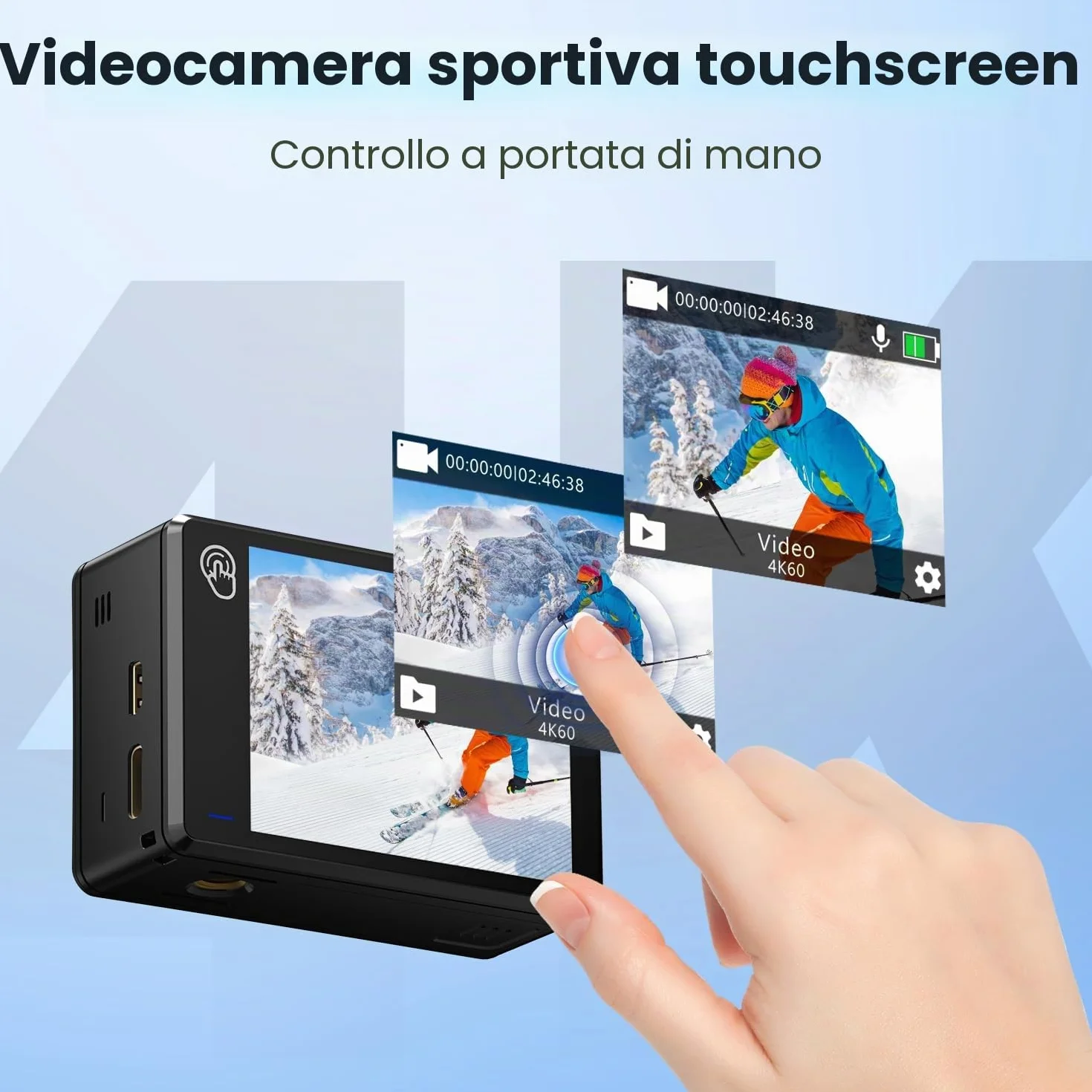 Dualscreen 4K60FPS Action Cam con scheda 64G, Fotocamera Subacquea 40M,48MP Touchscreen WiFi Videocamera con EIS, zoom 8X, impermeabile Telecamera Sportiva con 2 batterie da 1350 mAh