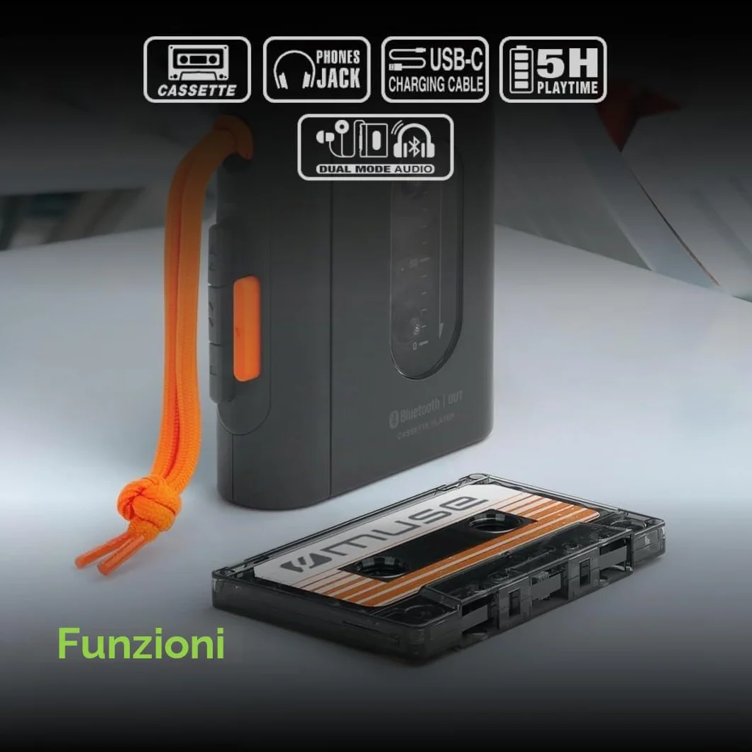 MUSE Lettore cassette portatile con jack per cuffie, ricarica USB-C, nero