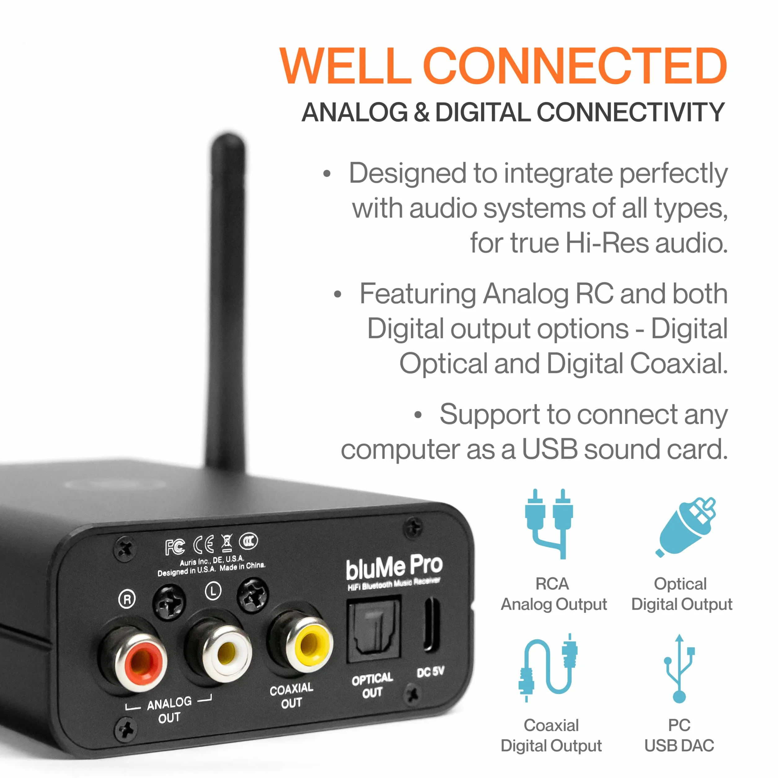 Auris Blume Pro - Ricevitore musicale Hi-Fi Bluetooth 5.0, adattatore Bluetooth con DAC, LDAC, AptX HD, display OLED, uscita AUX coassiale ottica per home stereo, ricevitore AV o amplificatore